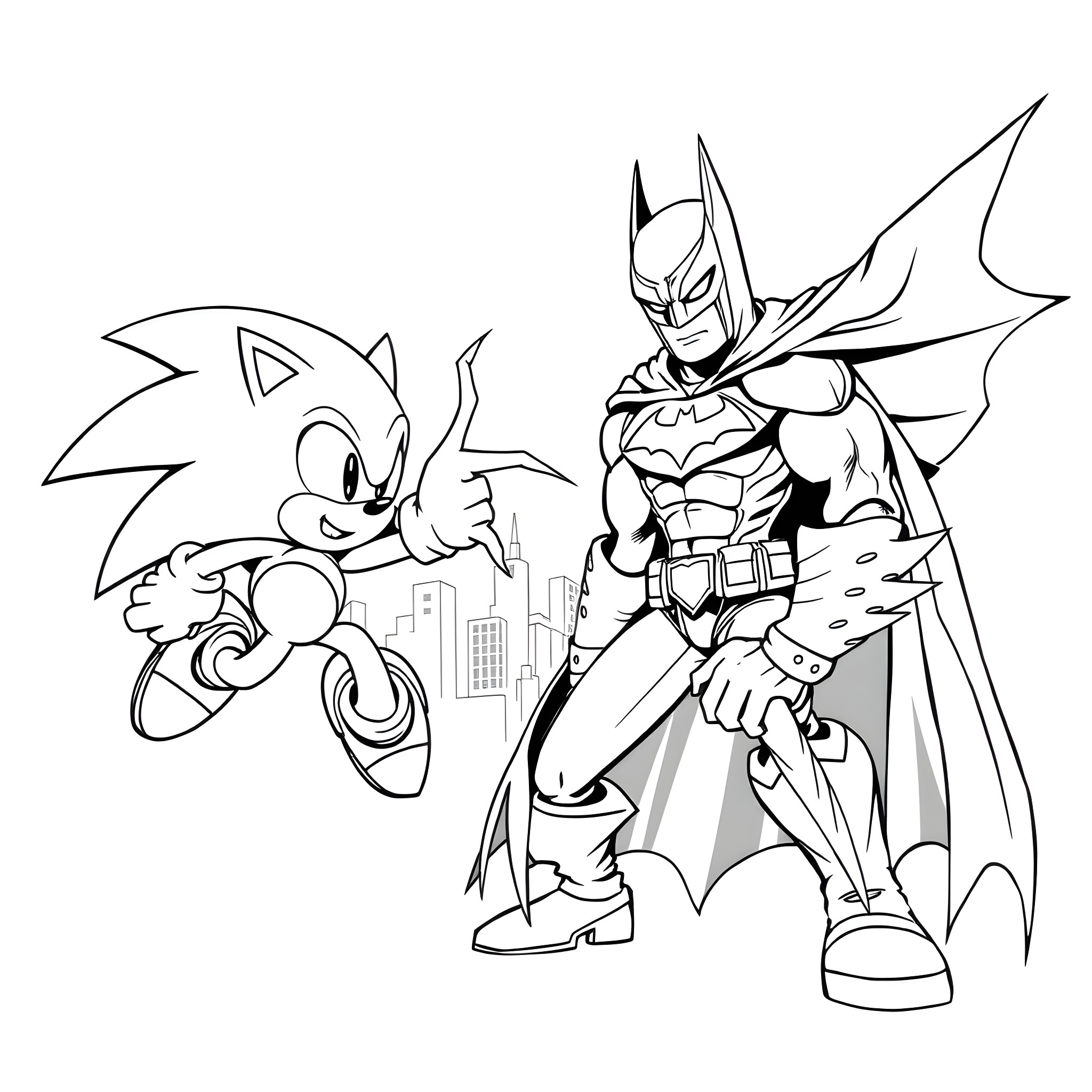 Sonic and Batman in Action Coloring Page (free black-and-white line drawing printable PDF for all, from beginners to advanced learners, including children, teens, adults, and seniors)