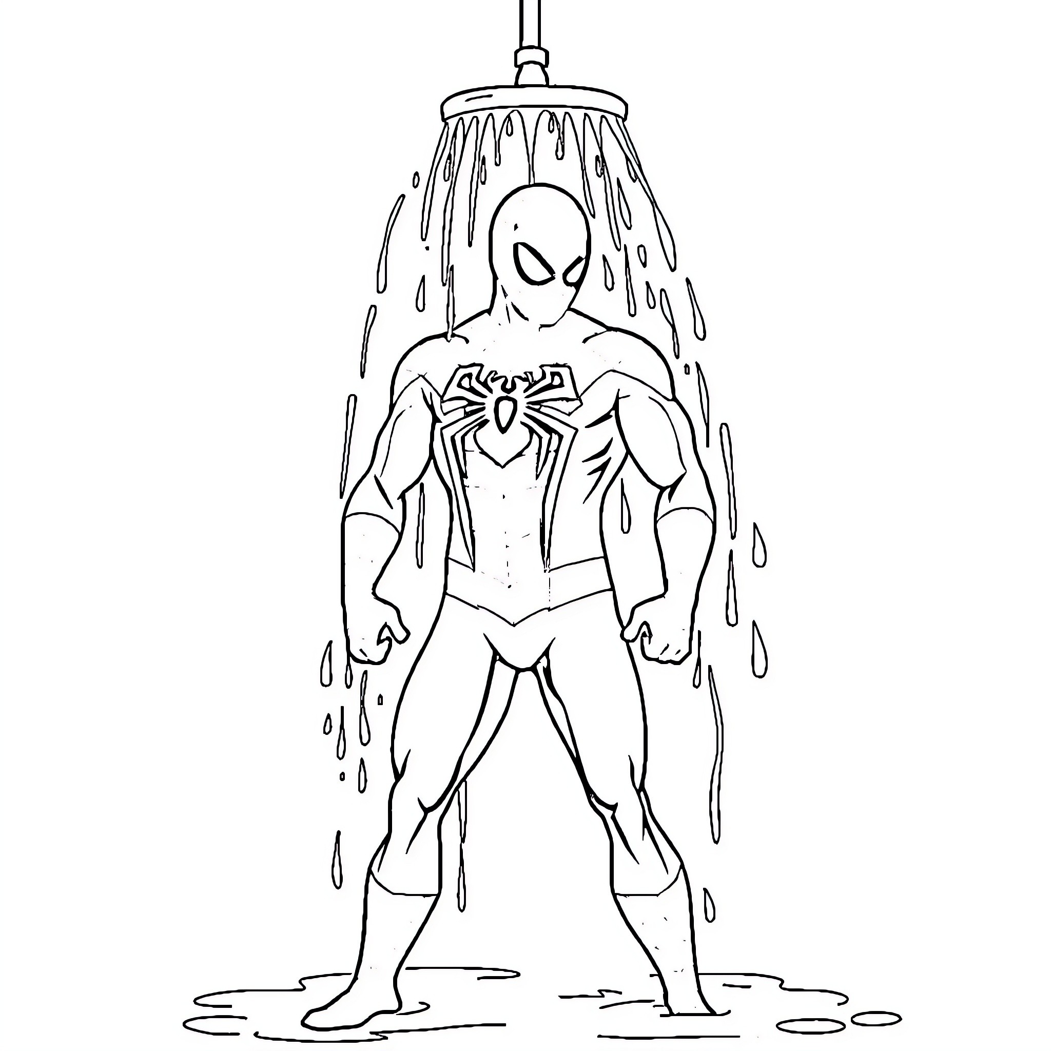 Spider-Man under a shower of water Coloring Page (free black-and-white line drawing printable PDF for all, from beginners to advanced learners, including children, teens, adults, and seniors)