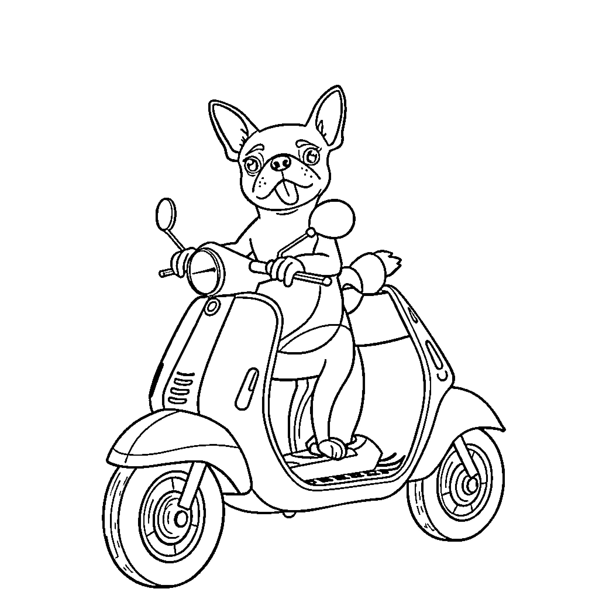Dog riding a scooter with enthusiasm Coloring Page (free black-and-white line drawing printable PDF for all, from beginners to advanced learners, including children, teens, adults, and seniors)