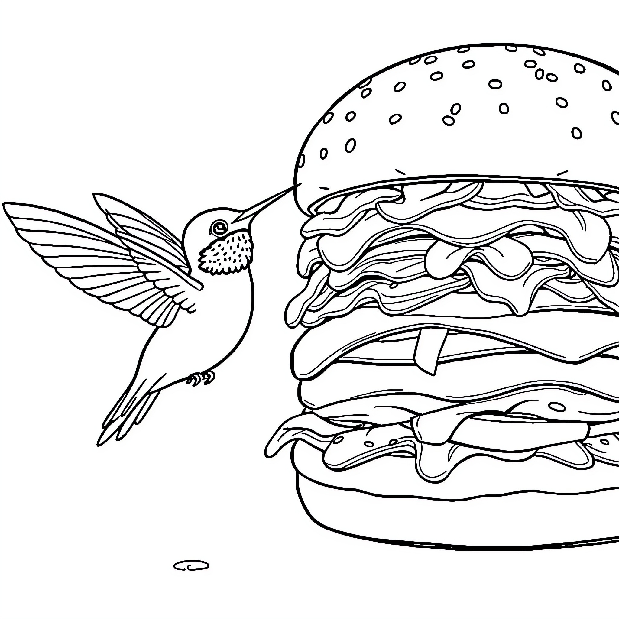 Hummingbird hovering near a delicious burger Coloring Page (free black-and-white line drawing printable PDF for all, from beginners to advanced learners, including children, teens, adults, and seniors)