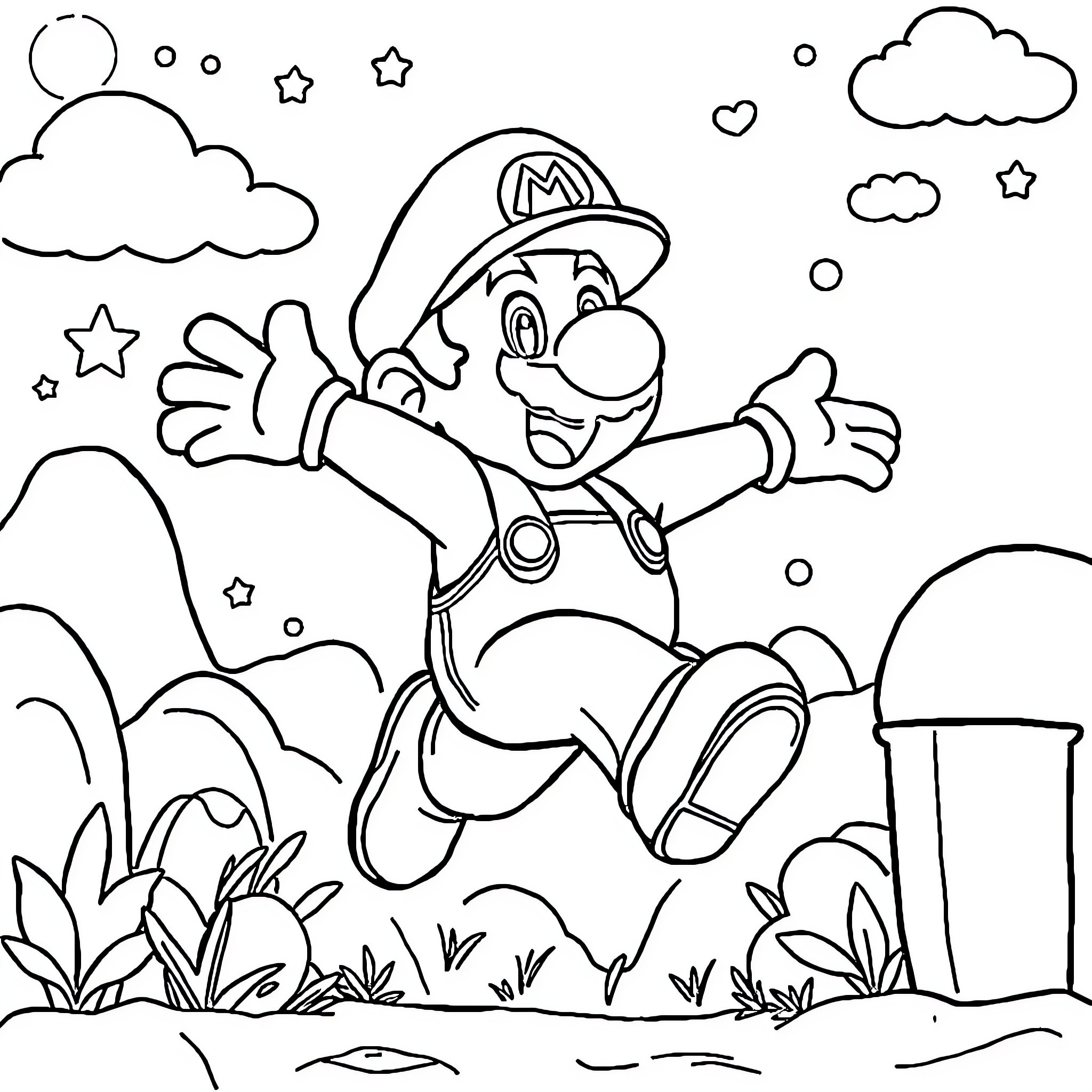 Mario jumping happily in the mushroom kingdom Coloring Page (free black-and-white line drawing printable PDF for all, from beginners to advanced learners, including children, teens, adults, and seniors)