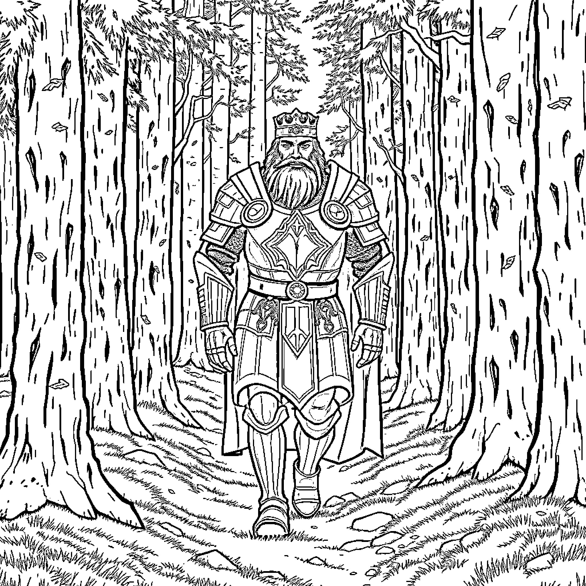 King Marching Through the Enchanted Forest Coloring Page (free black-and-white line drawing printable PDF for all, from beginners to advanced learners, including children, teens, adults, and seniors)