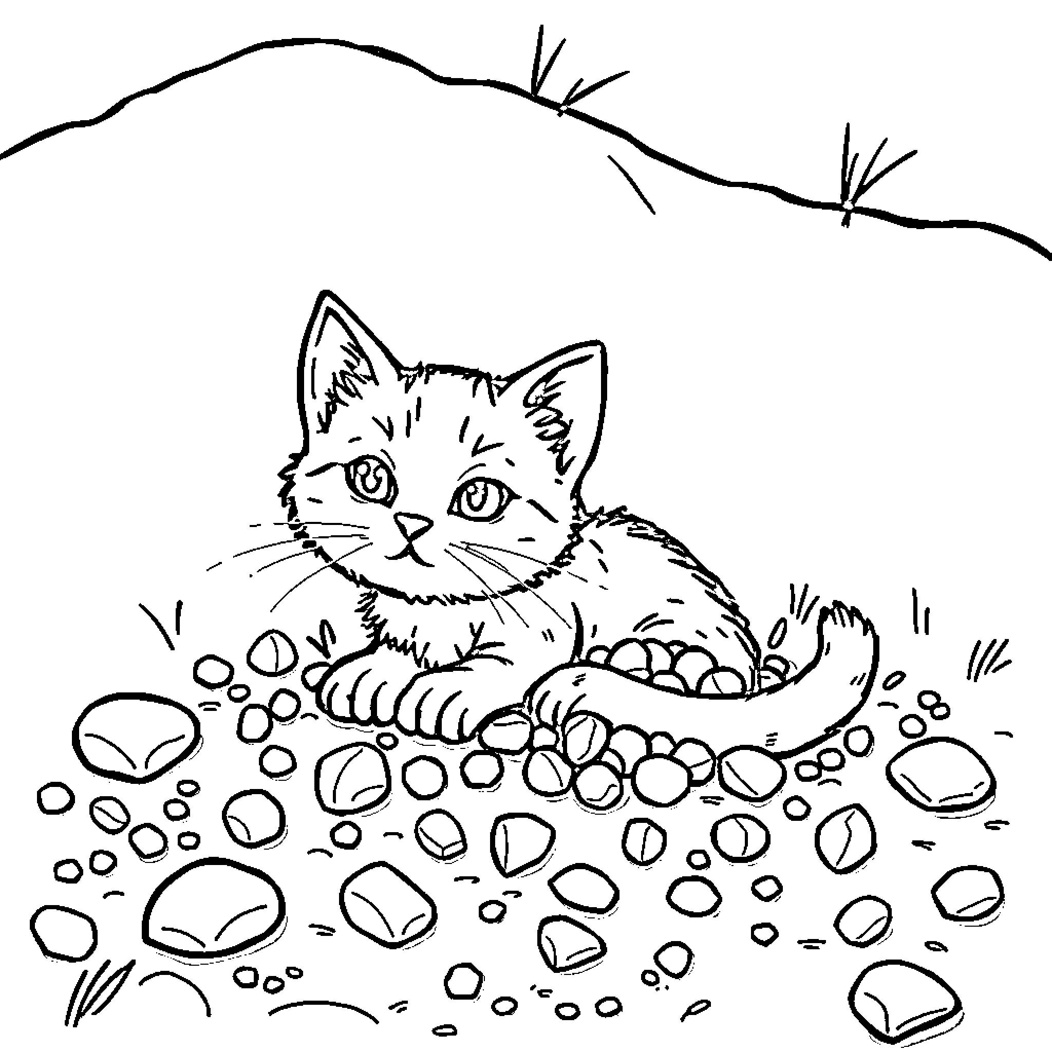 Cat exploring rocky terrain Coloring Page (free black-and-white line drawing printable PDF for all, from beginners to advanced learners, including children, teens, adults, and seniors)