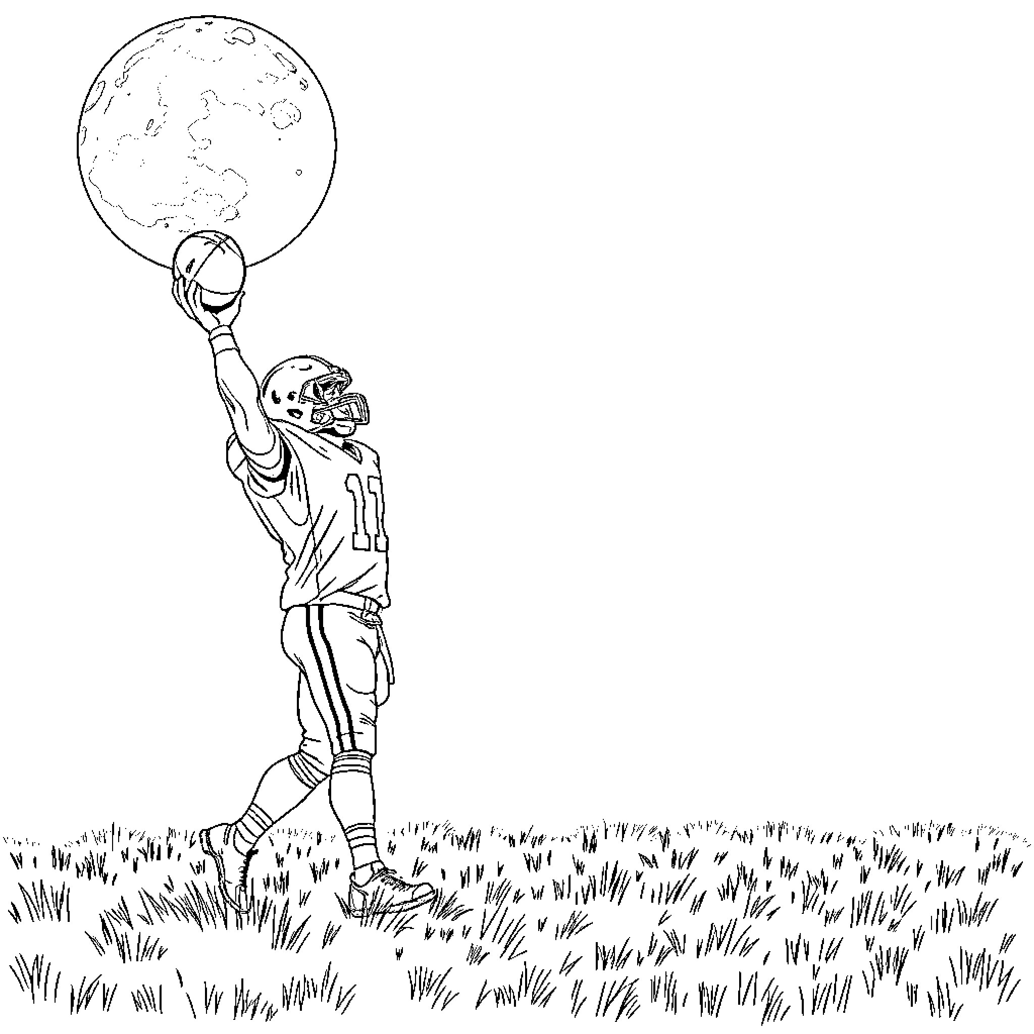Football Player Lifting Globe on Grassy Field Coloring Page (free black-and-white line drawing printable PDF for all, from beginners to advanced learners, including children, teens, adults, and seniors)