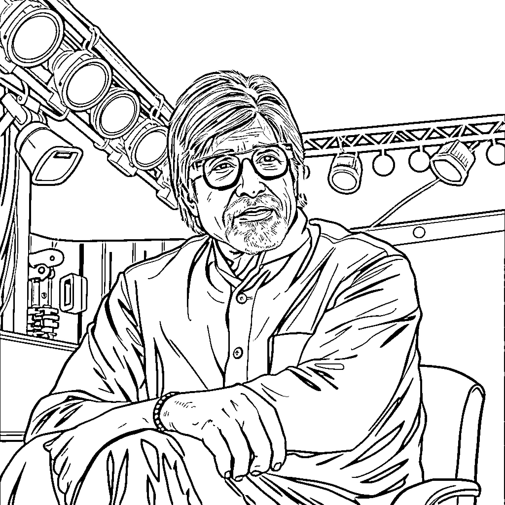 Amitabh Bachchan in thoughtful contemplation on stage Coloring Page (free black-and-white line drawing printable PDF for all, from beginners to advanced learners, including children, teens, adults, and seniors)