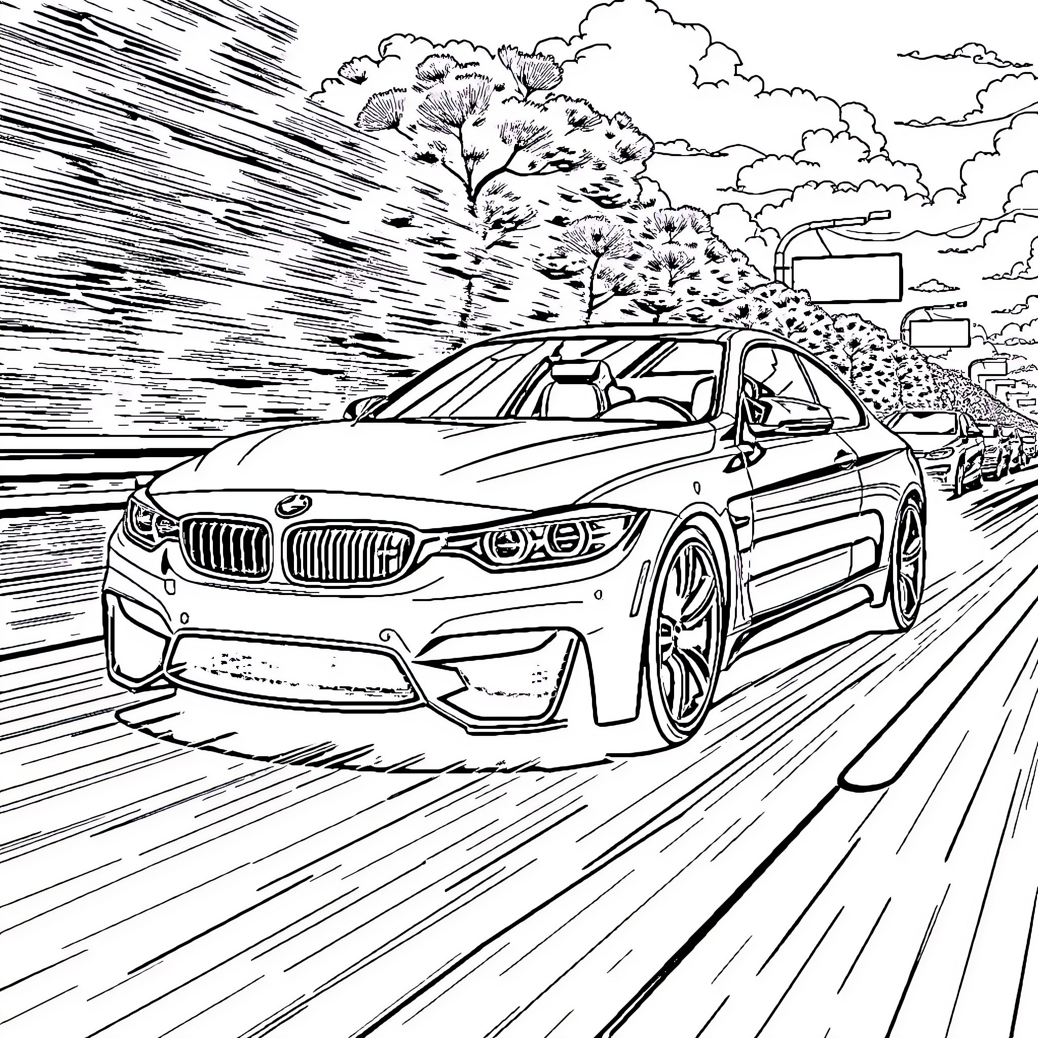 BMW speeding through a cloudy landscape Coloring Page (free black-and-white line drawing printable PDF for all, from beginners to advanced learners, including children, teens, adults, and seniors)