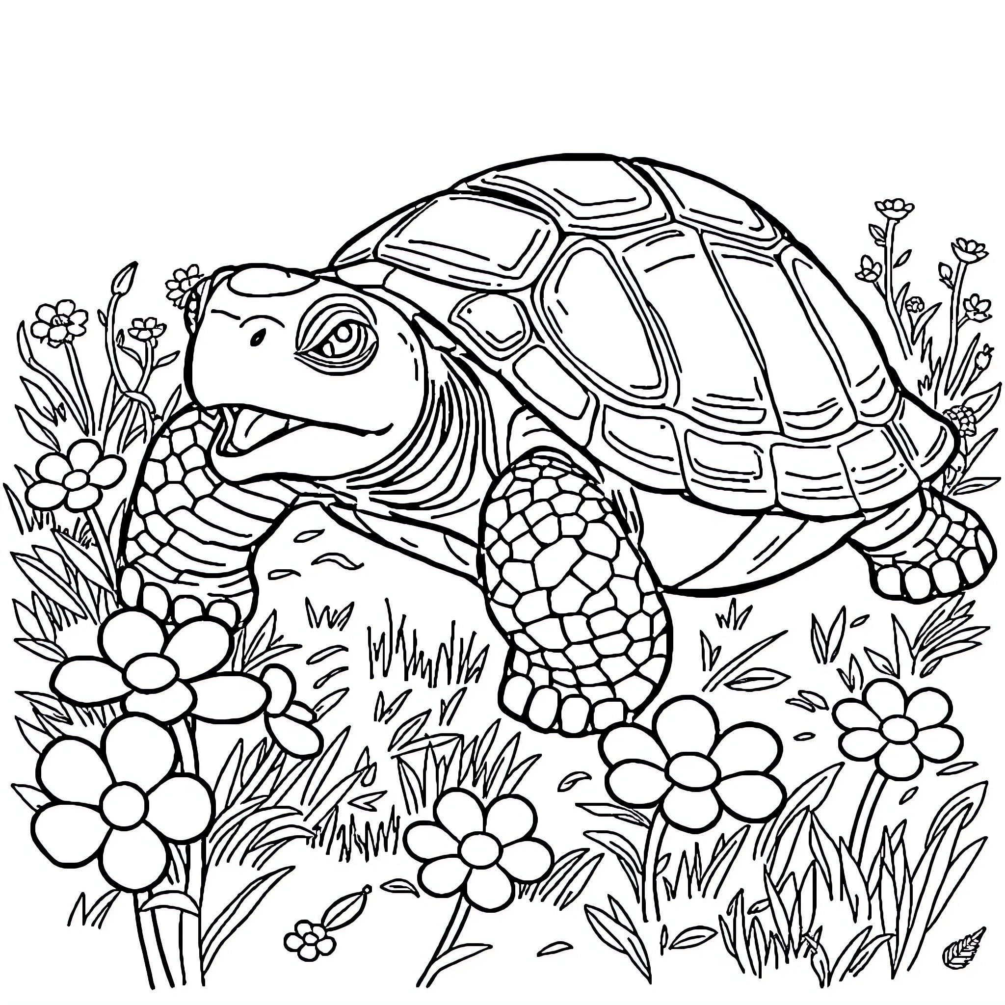 Turtle walking through flowery meadow Coloring Page (free black-and-white line drawing printable PDF for all, from beginners to advanced learners, including children, teens, adults, and seniors)