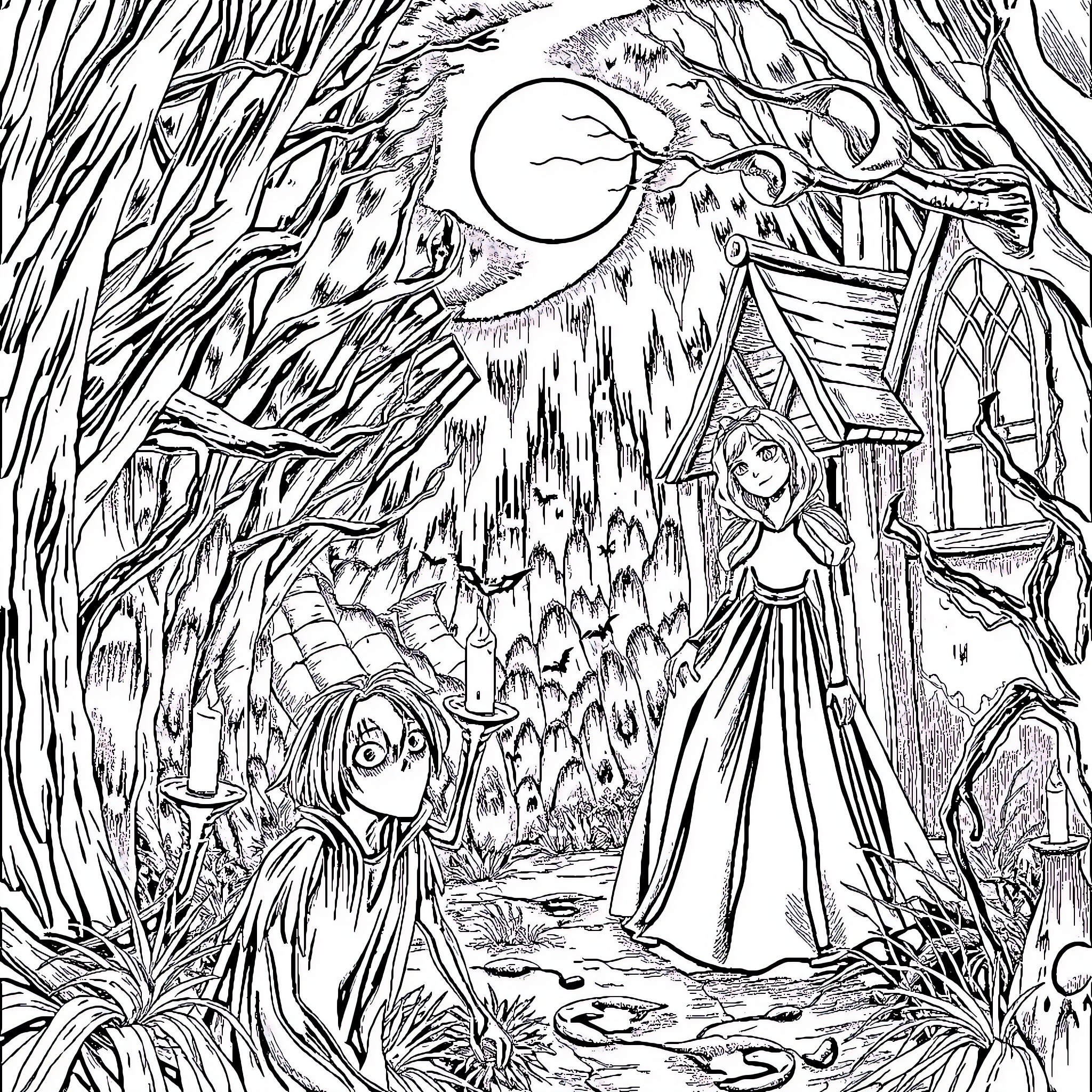 Snow White's Enchanted Forest Adventure Coloring Page (free black-and-white line drawing printable PDF for all, from beginners to advanced learners, including children, teens, adults, and seniors)