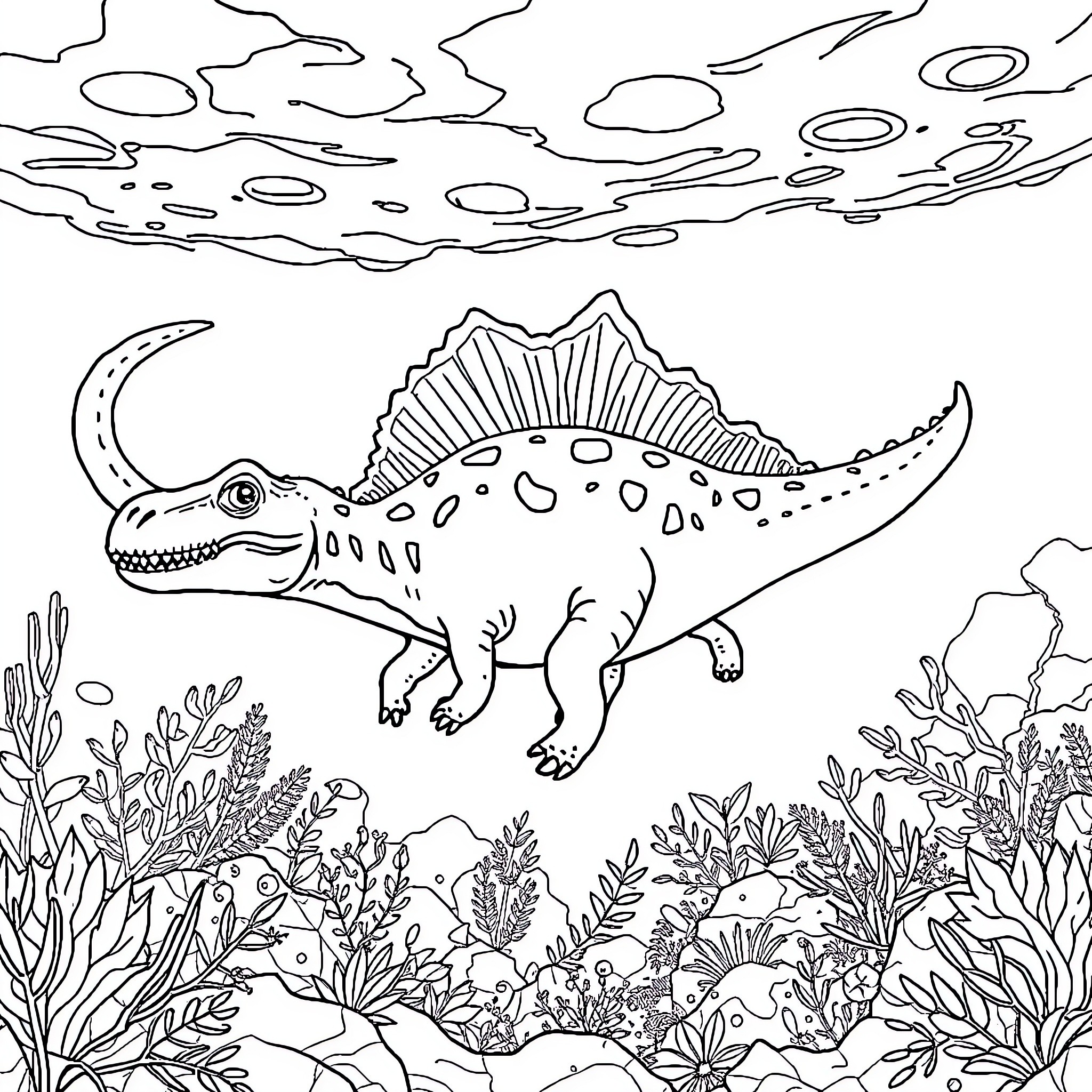 Notosaurus exploring prehistoric plant-filled landscape Coloring Page (free black-and-white line drawing printable PDF for all, from beginners to advanced learners, including children, teens, adults, and seniors)