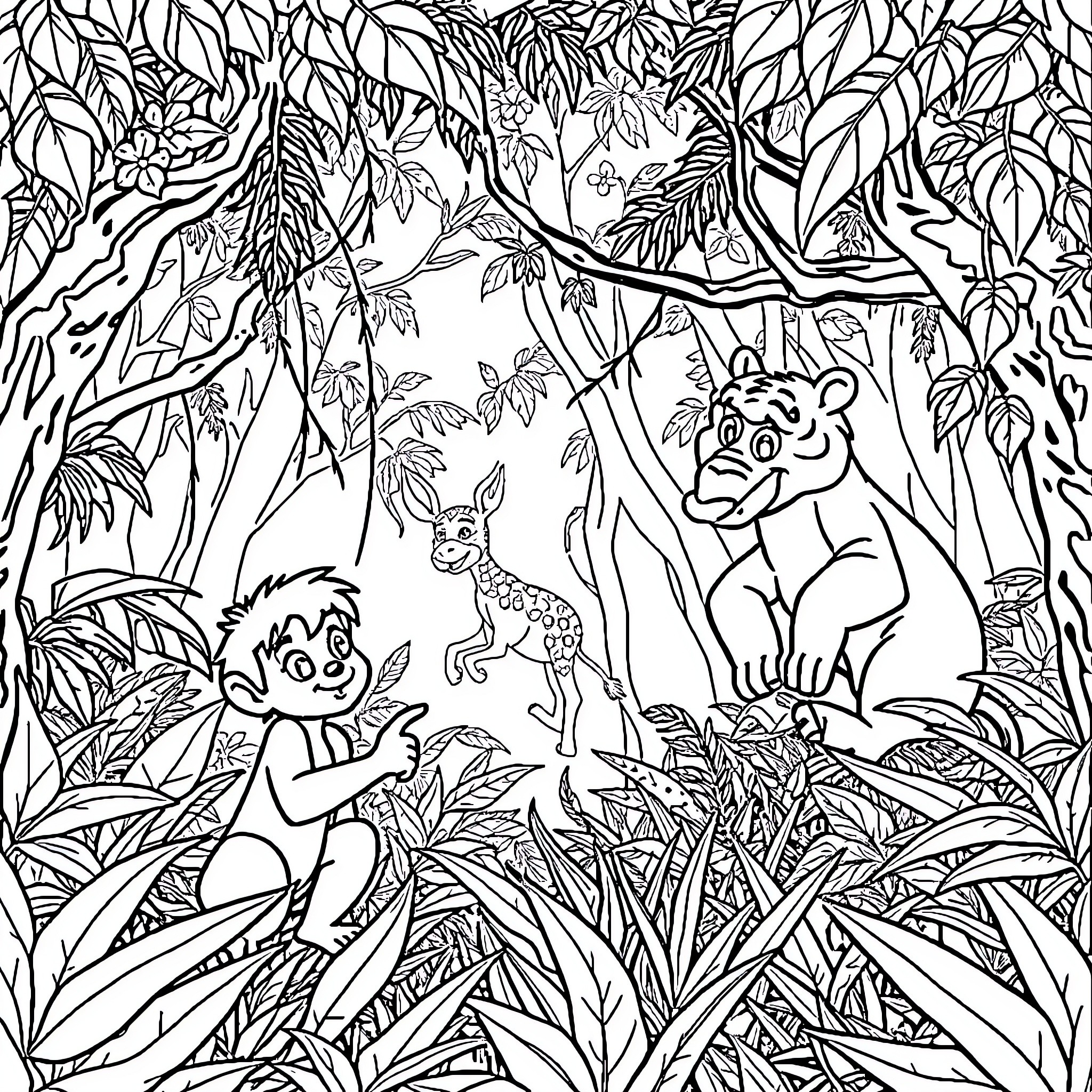 Jungle Book: Characters Exploring the Lush Wilderness Coloring Page (free black-and-white line drawing printable PDF for all, from beginners to advanced learners, including children, teens, adults, and seniors)