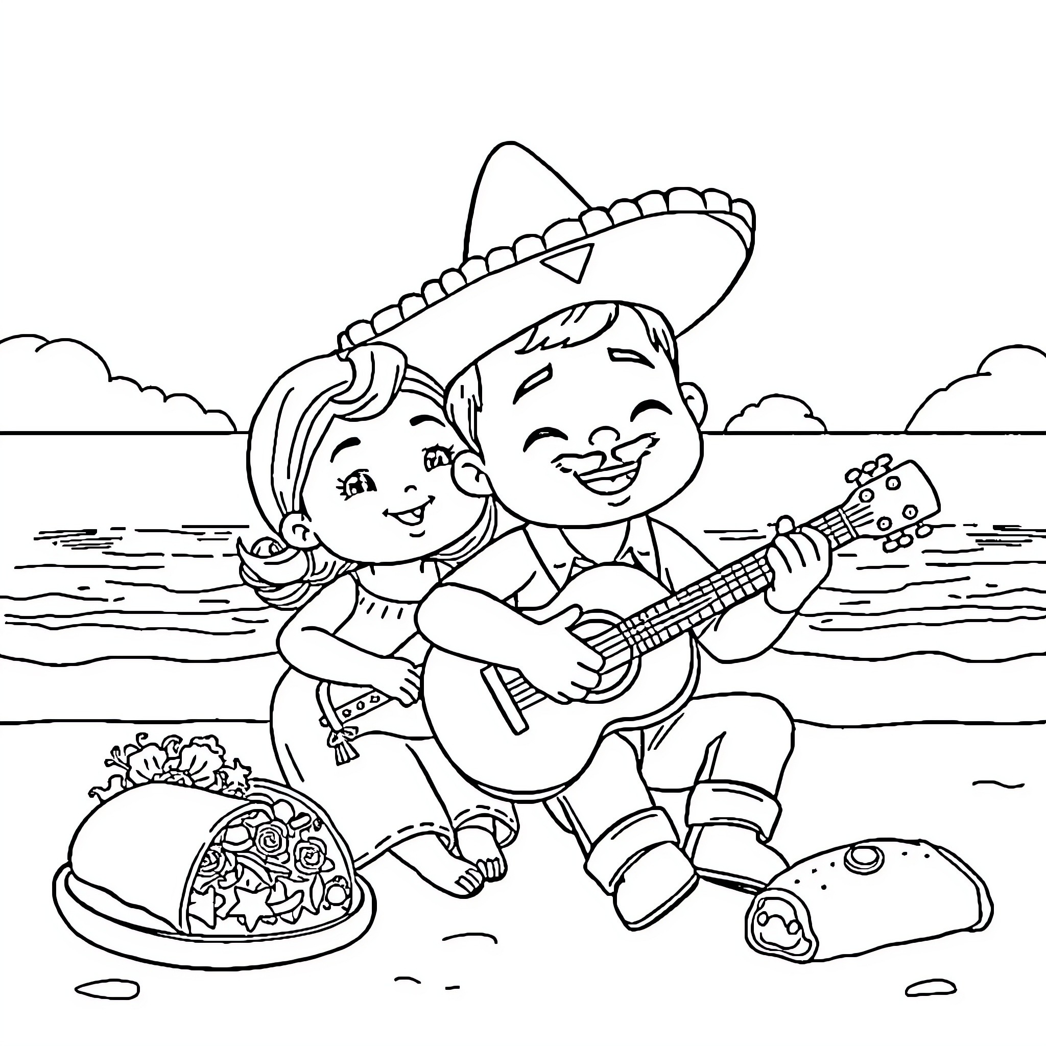 Baby playing guitar and singing on the beach Coloring Page (free black-and-white line drawing printable PDF for all, from beginners to advanced learners, including children, teens, adults, and seniors)