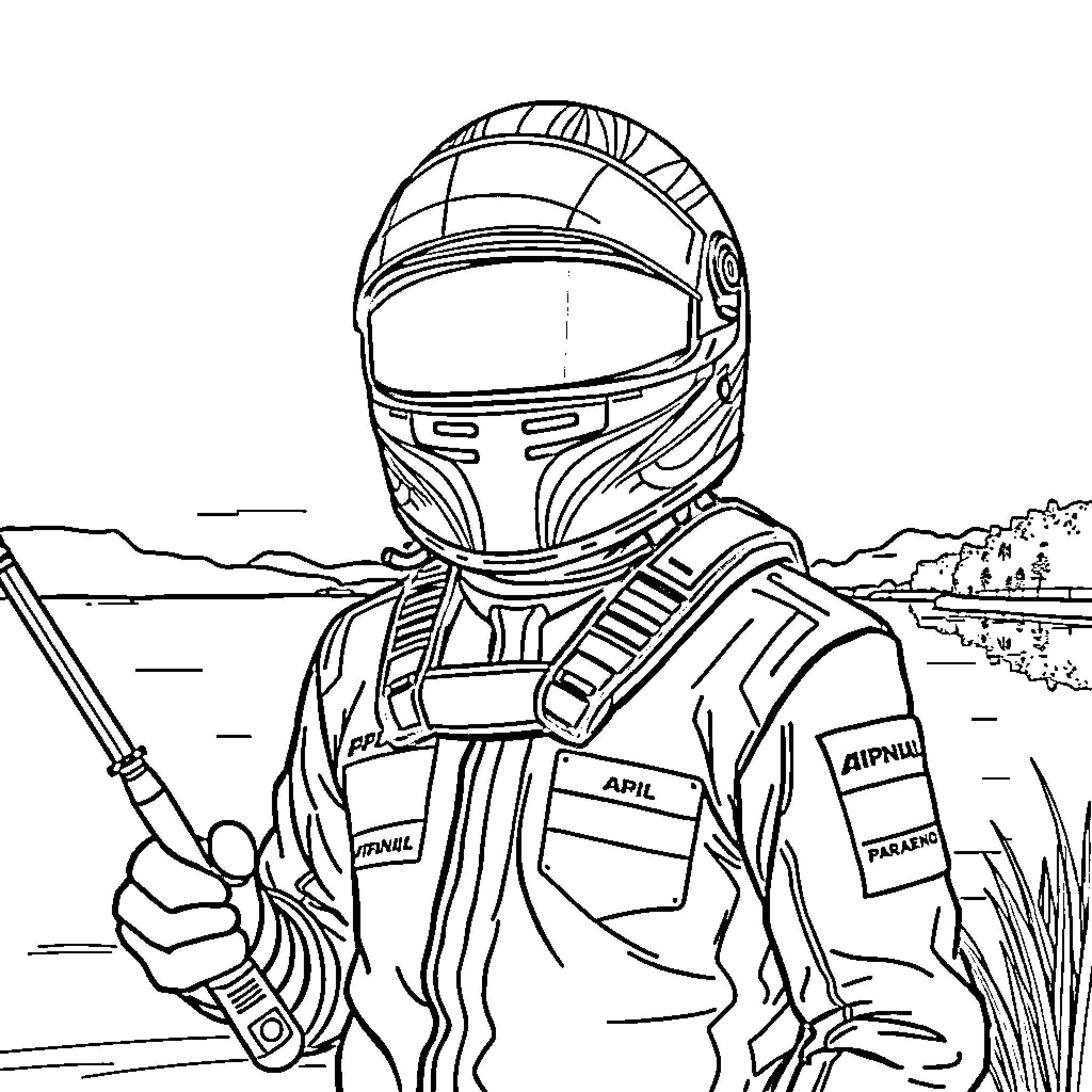 F1 Driver in Protective Gear with Racing Accessories Coloring Page (free black-and-white line drawing printable PDF for all, from beginners to advanced learners, including children, teens, adults, and seniors)