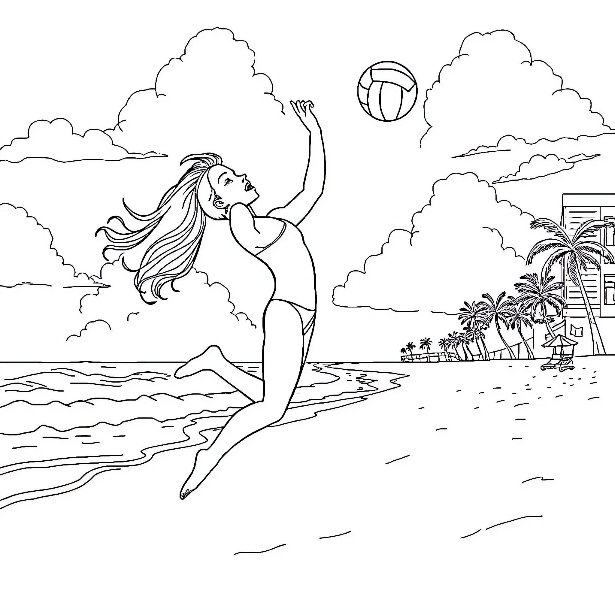 Kitagawa Marin enjoying beach volleyball in tropical setting Coloring Page (free black-and-white line drawing printable PDF for all, from beginners to advanced learners, including children, teens, adults, and seniors)