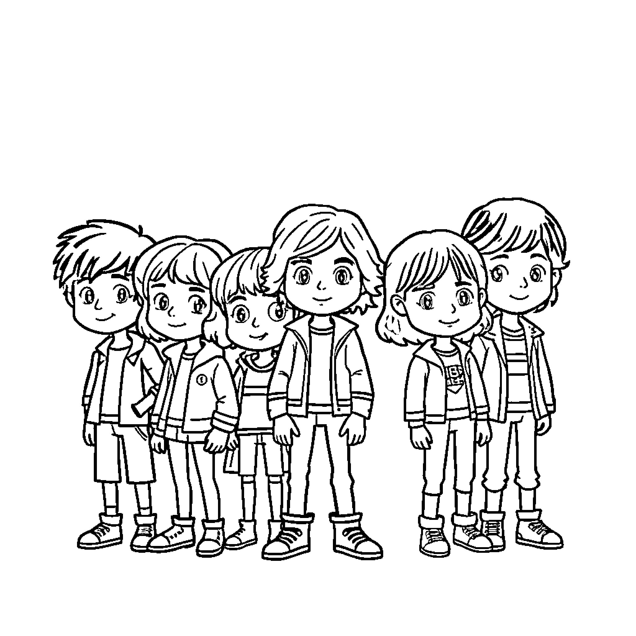 Stranger Things Crew Celebrating Together Coloring Page (free black-and-white line drawing printable PDF for all, from beginners to advanced learners, including children, teens, adults, and seniors)