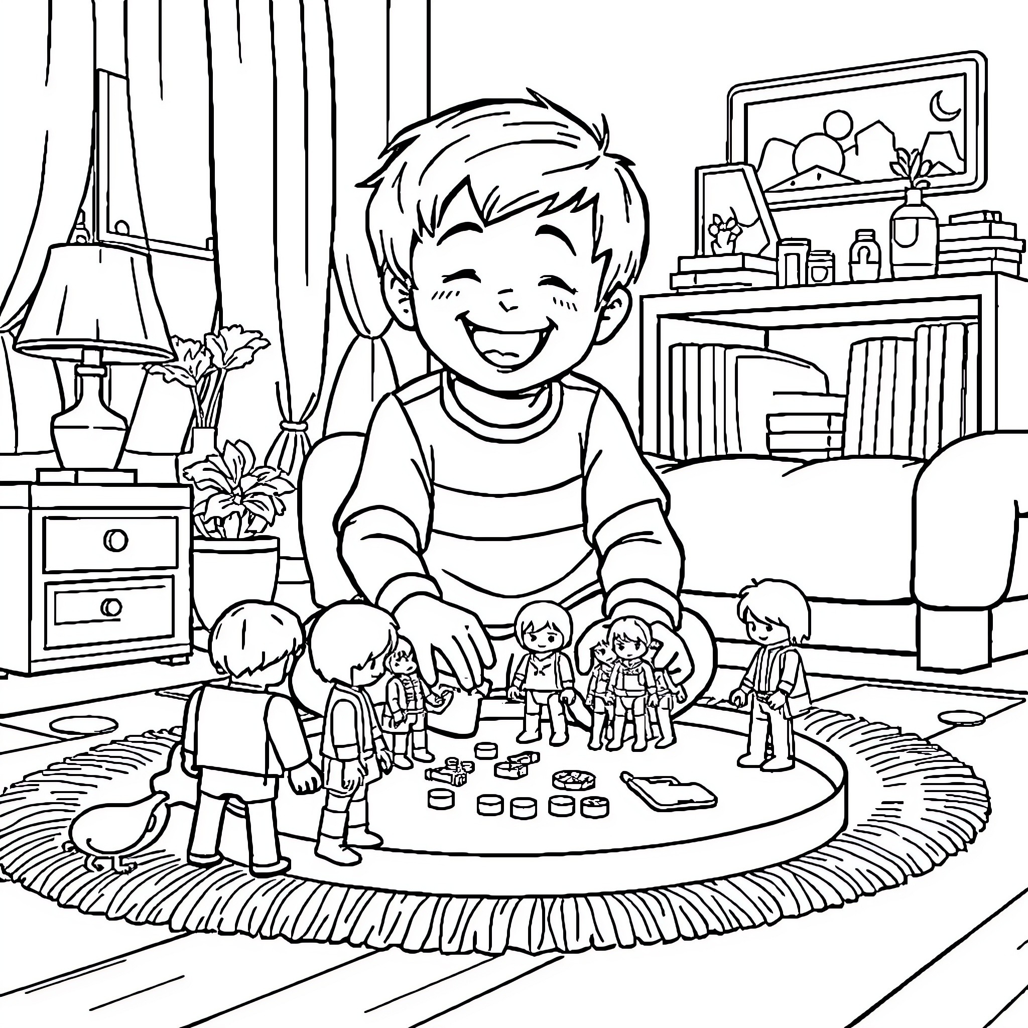 Boy playing with dolls in his room Coloring Page (free black-and-white line drawing printable PDF for all, from beginners to advanced learners, including children, teens, adults, and seniors)