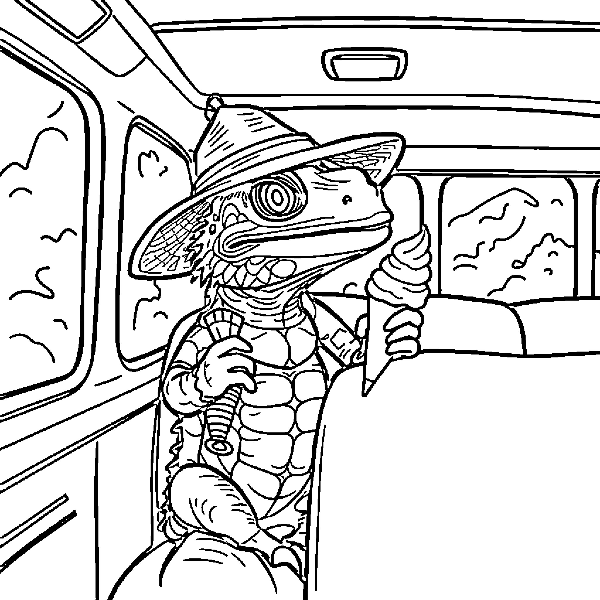 Lizard hitchhiker exploring the open road Coloring Page (free black-and-white line drawing printable PDF for all, from beginners to advanced learners, including children, teens, adults, and seniors)