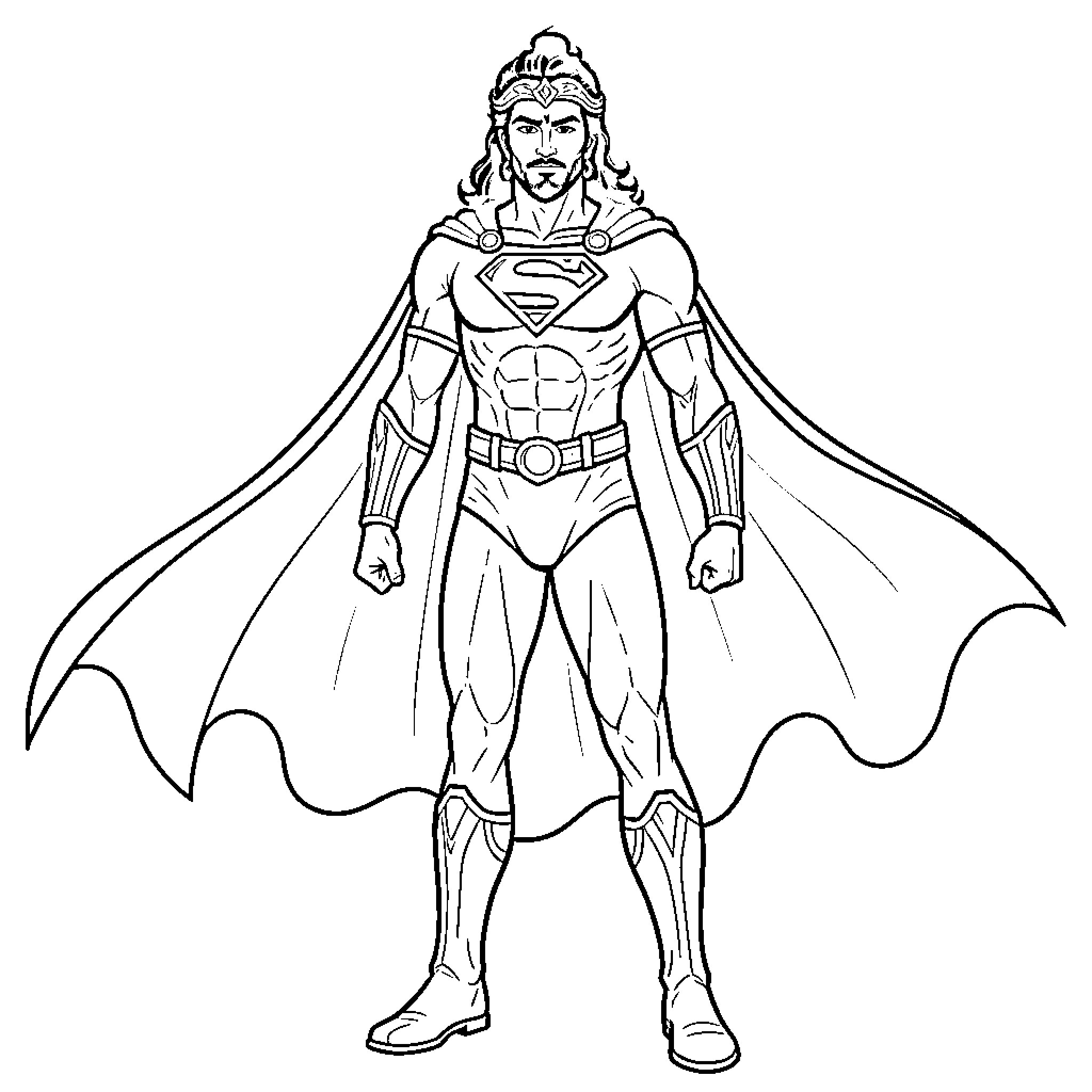 Shakti Maan in heroic stance with cape Coloring Page (free black-and-white line drawing printable PDF for all, from beginners to advanced learners, including children, teens, adults, and seniors)