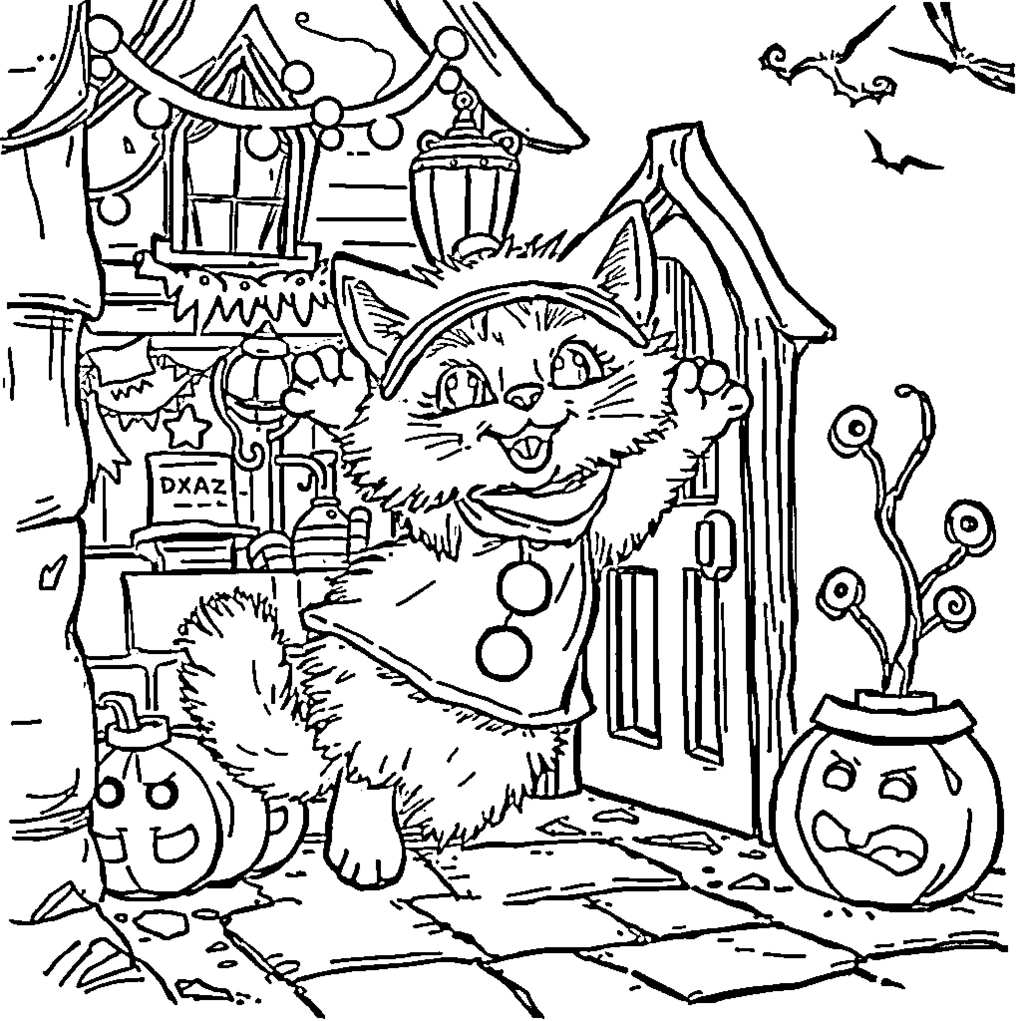 Cat exploring a spooky Halloween scene Coloring Page (free black-and-white line drawing printable PDF for all, from beginners to advanced learners, including children, teens, adults, and seniors)