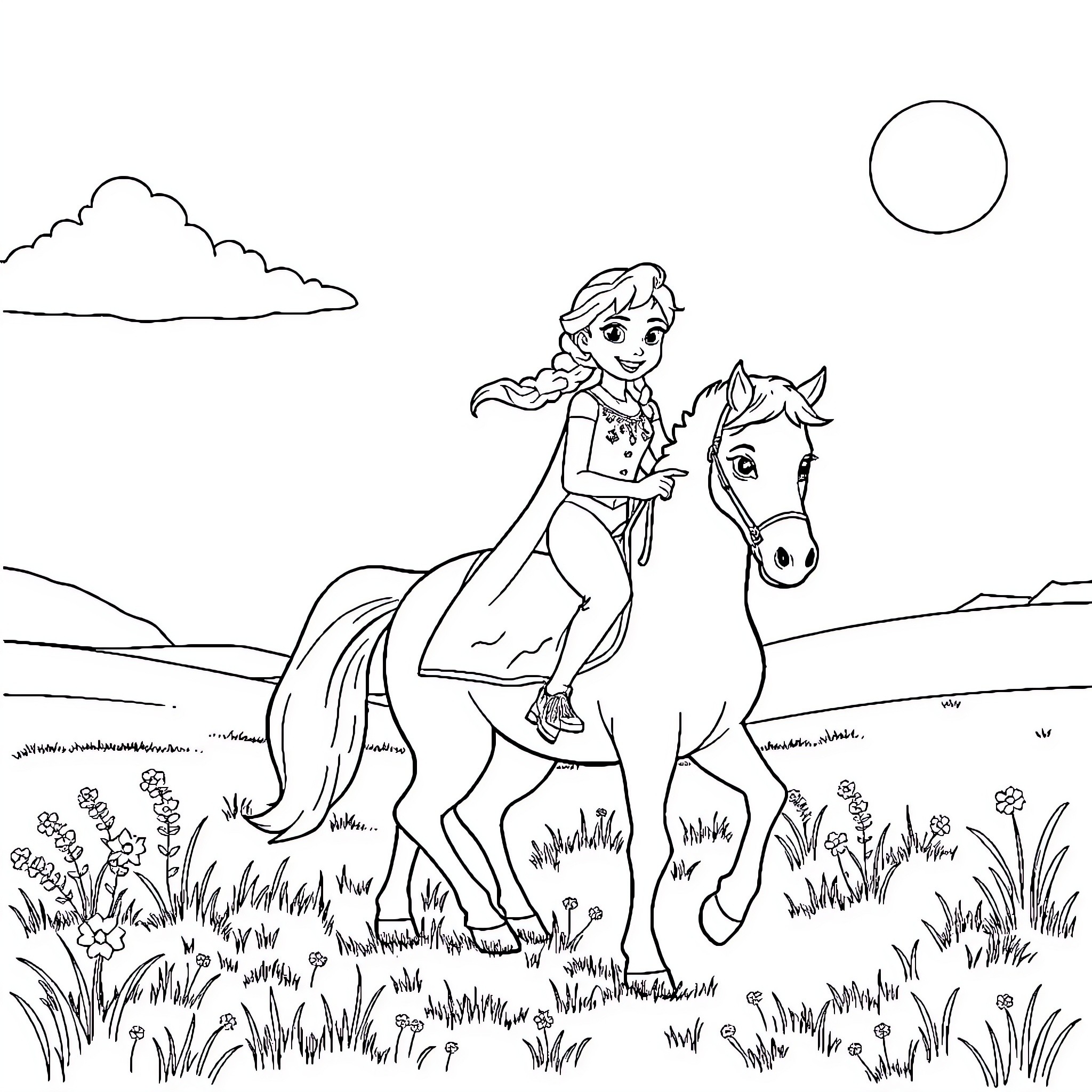 Elsa riding her horse through the countryside Coloring Page (free black-and-white line drawing printable PDF for all, from beginners to advanced learners, including children, teens, adults, and seniors)
