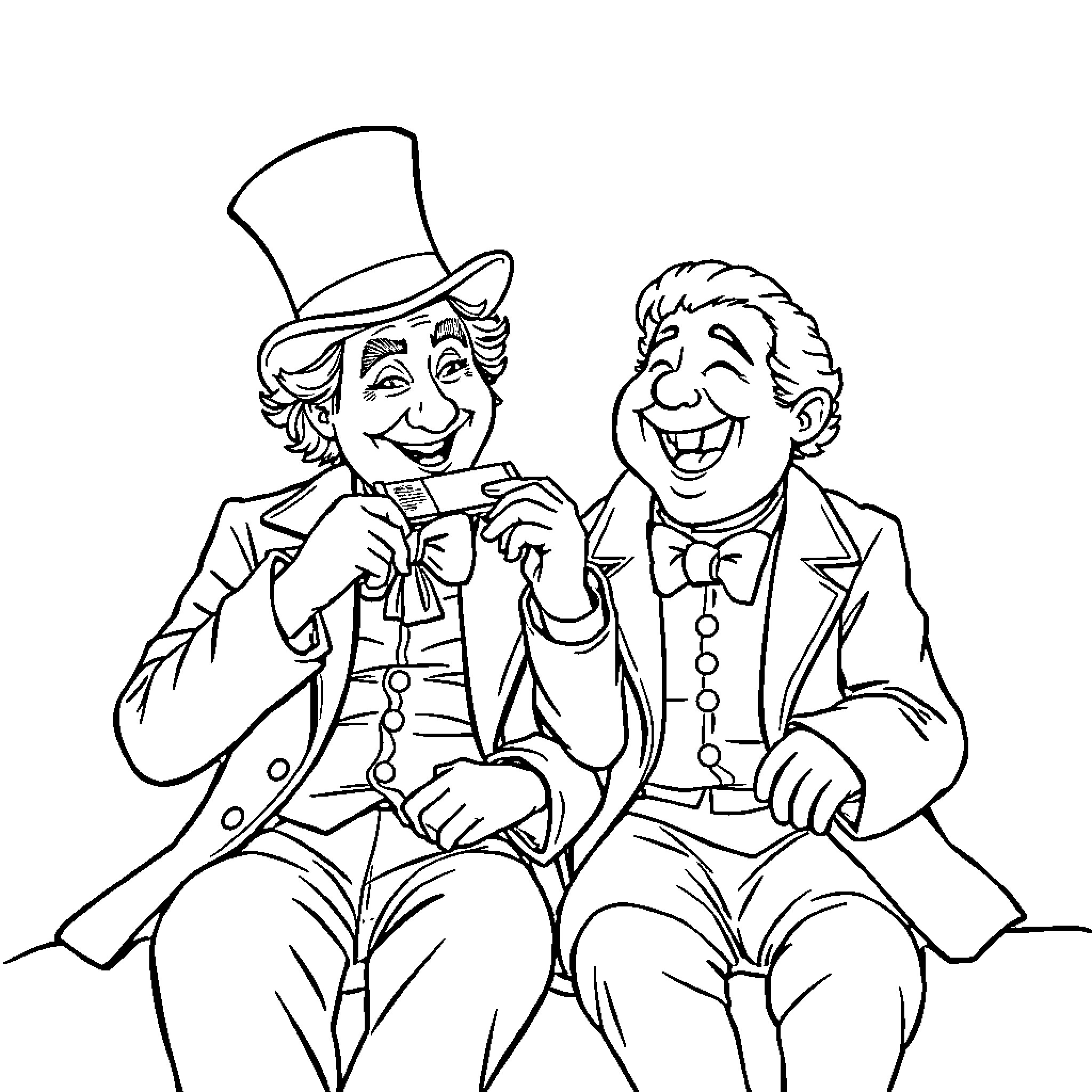 Willy Wonka and the Eccentric Chocolate Factory Owner Coloring Page (free black-and-white line drawing printable PDF for all, from beginners to advanced learners, including children, teens, adults, and seniors)