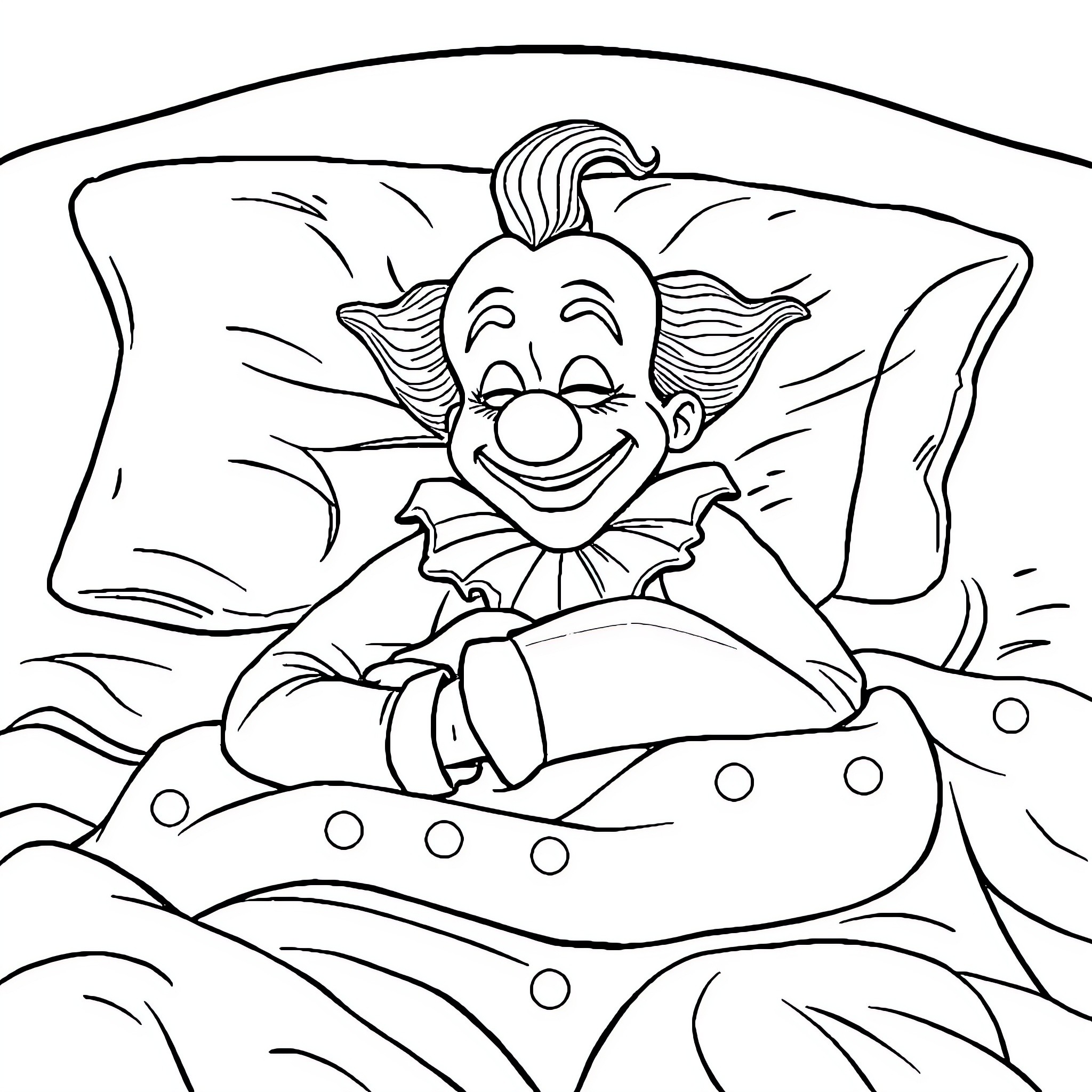 Clown resting joyfully on bed Coloring Page (free black-and-white line drawing printable PDF for all, from beginners to advanced learners, including children, teens, adults, and seniors)