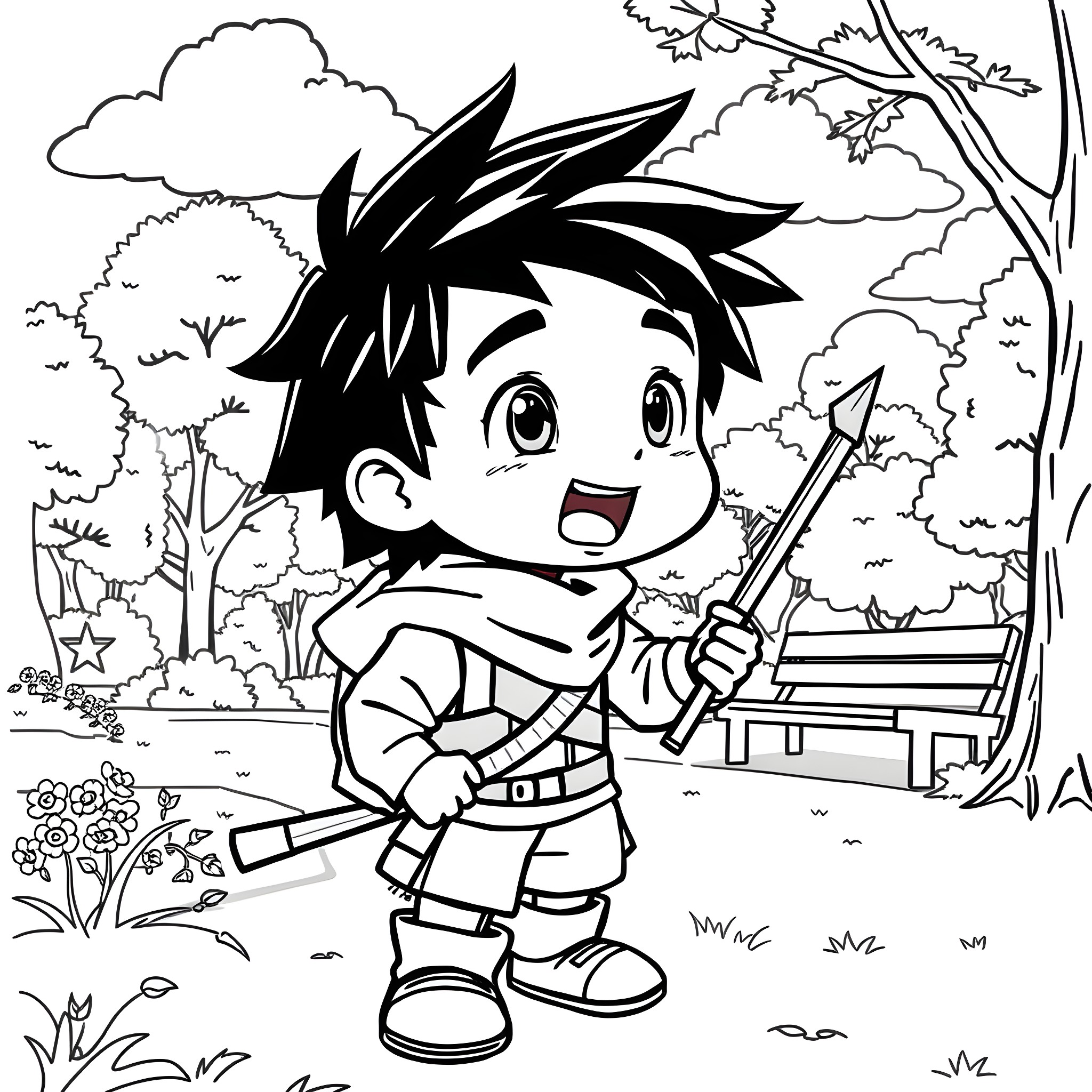 Kid playing happily in the park with nature Coloring Page (free black-and-white line drawing printable PDF for all, from beginners to advanced learners, including children, teens, adults, and seniors)