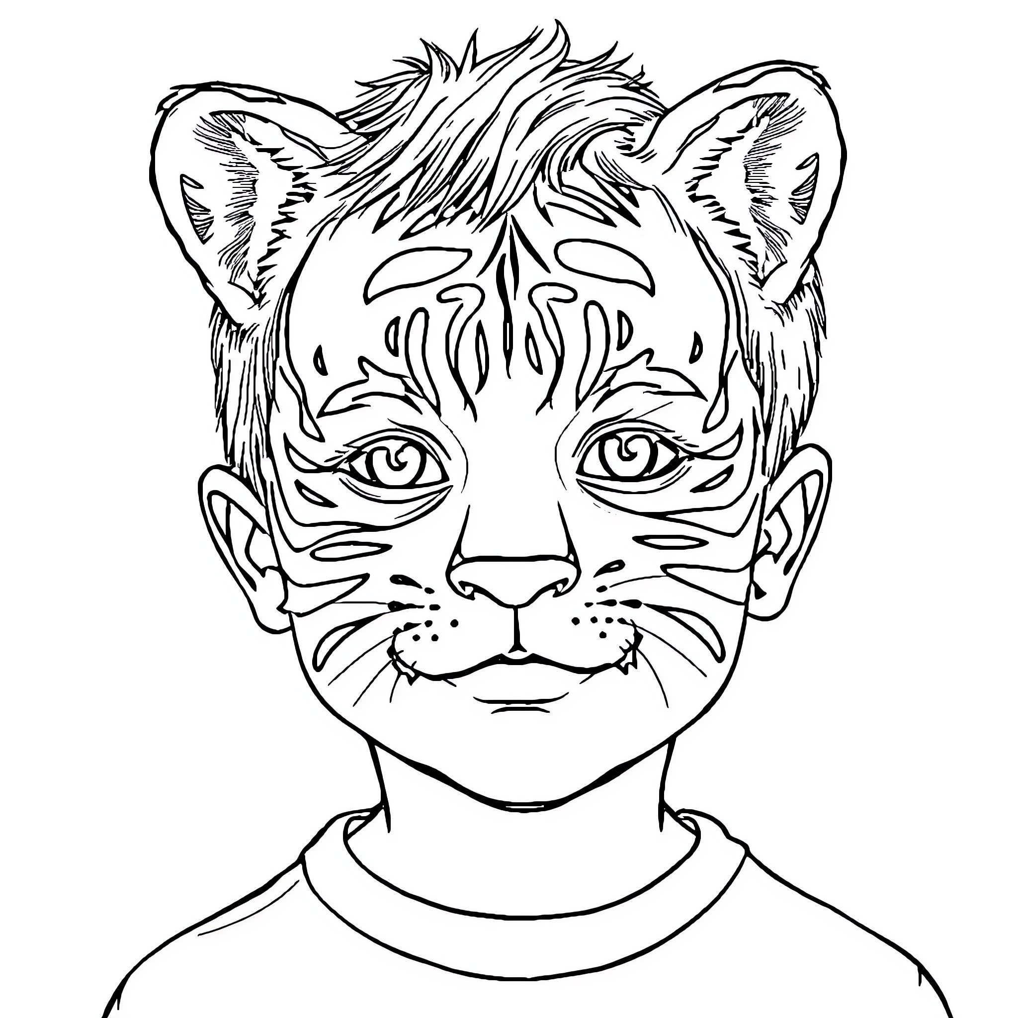 Child's imaginative tiger face makeup Coloring Page (free black-and-white line drawing printable PDF for all, from beginners to advanced learners, including children, teens, adults, and seniors)