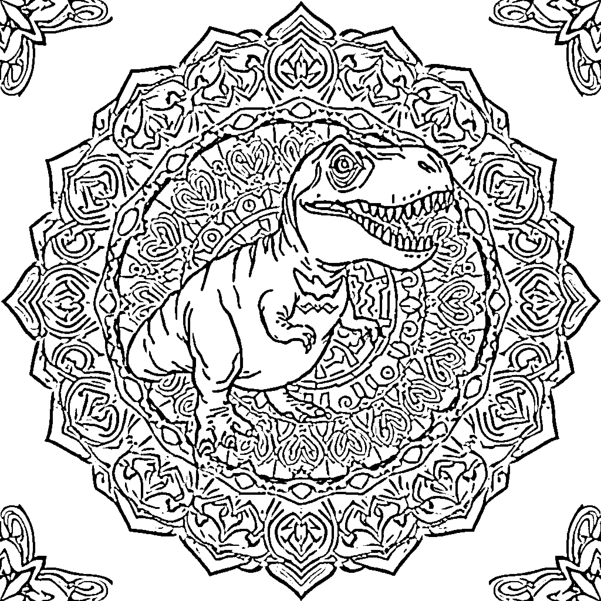 T-Rex mandala with intricate patterns Coloring Page (free black-and-white line drawing printable PDF for all, from beginners to advanced learners, including children, teens, adults, and seniors)