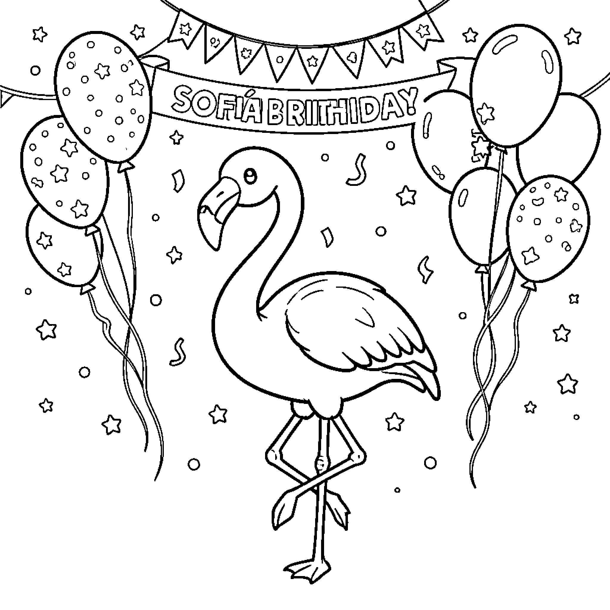 Flamenco Flamingo's Birthday Celebration Coloring Page (free black-and-white line drawing printable PDF for all, from beginners to advanced learners, including children, teens, adults, and seniors)