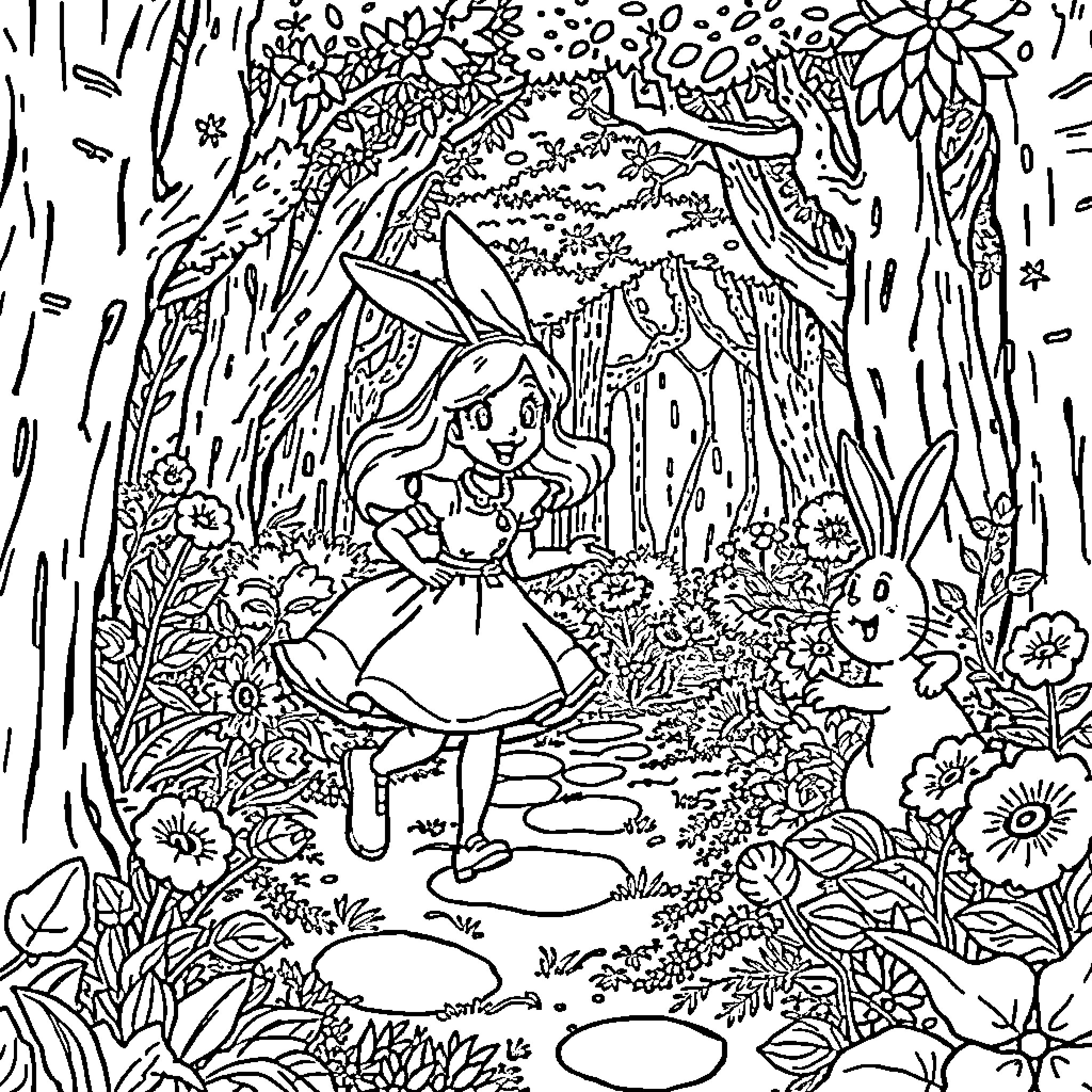 Rabbit girl exploring the magical forest Coloring Page (free black-and-white line drawing printable PDF for all, from beginners to advanced learners, including children, teens, adults, and seniors)