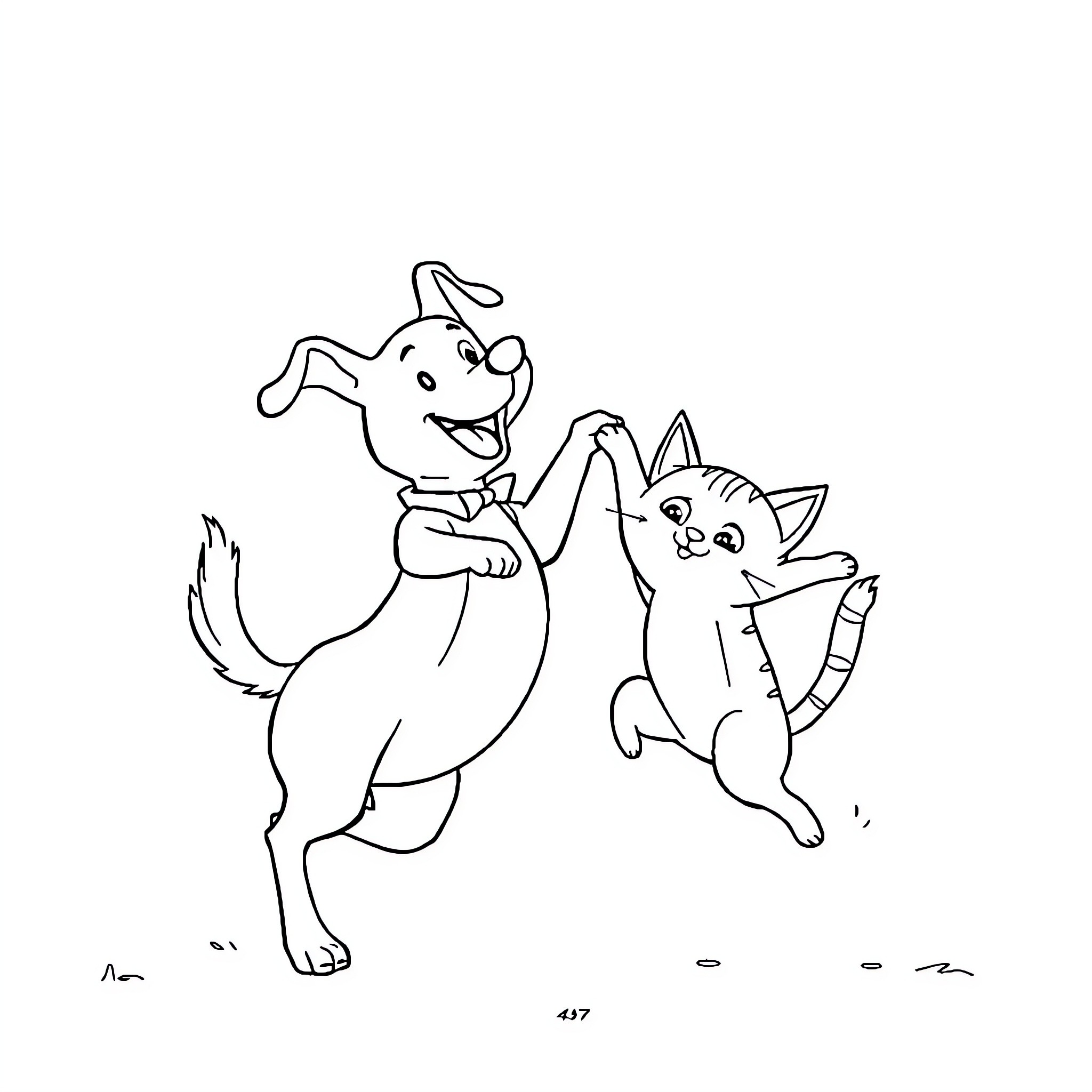 Dog and cat playing together happily Coloring Page (free black-and-white line drawing printable PDF for all, from beginners to advanced learners, including children, teens, adults, and seniors)