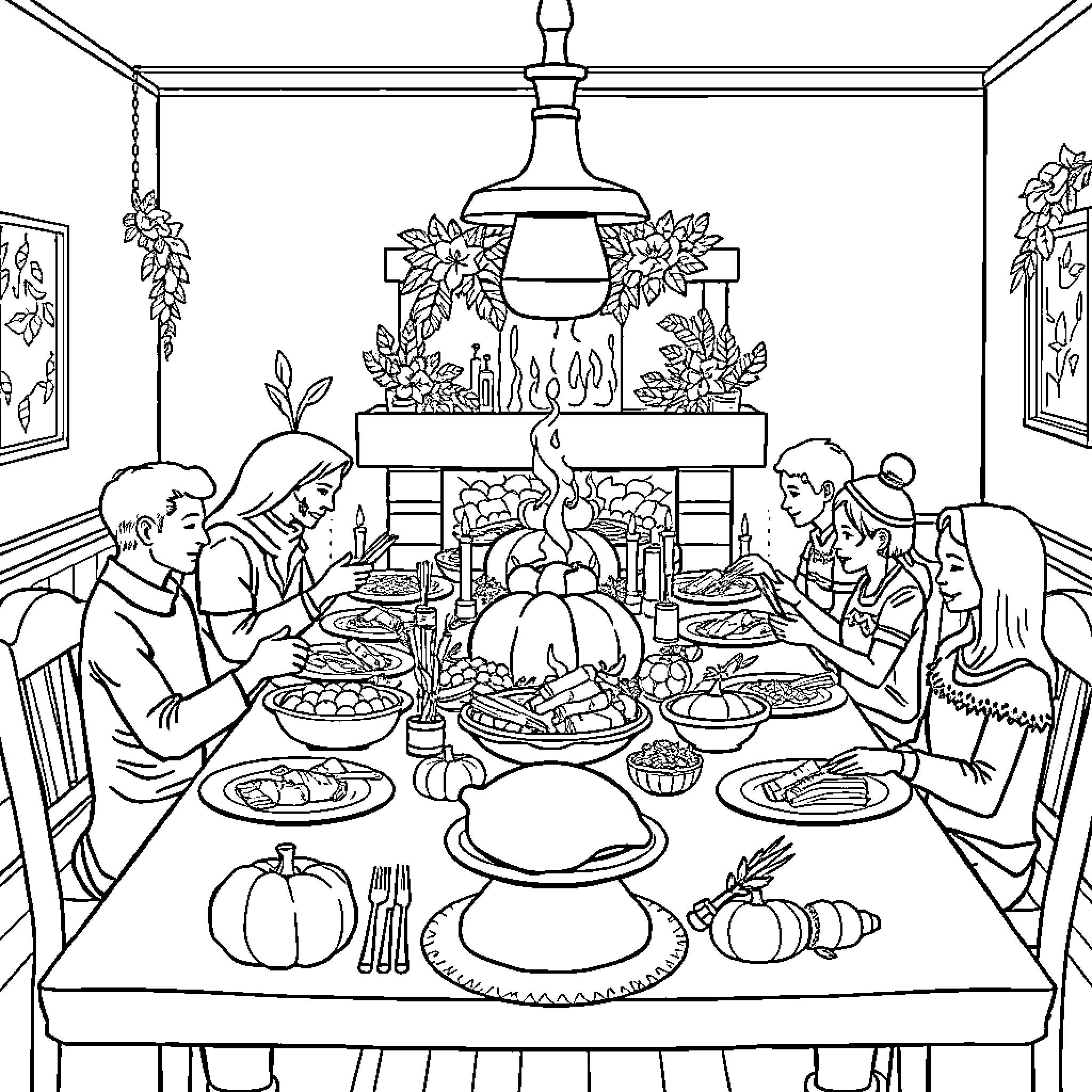 Thanksgiving Family Gathering at Festive Dining Table Coloring Page (free black-and-white line drawing printable PDF for all, from beginners to advanced learners, including children, teens, adults, and seniors)