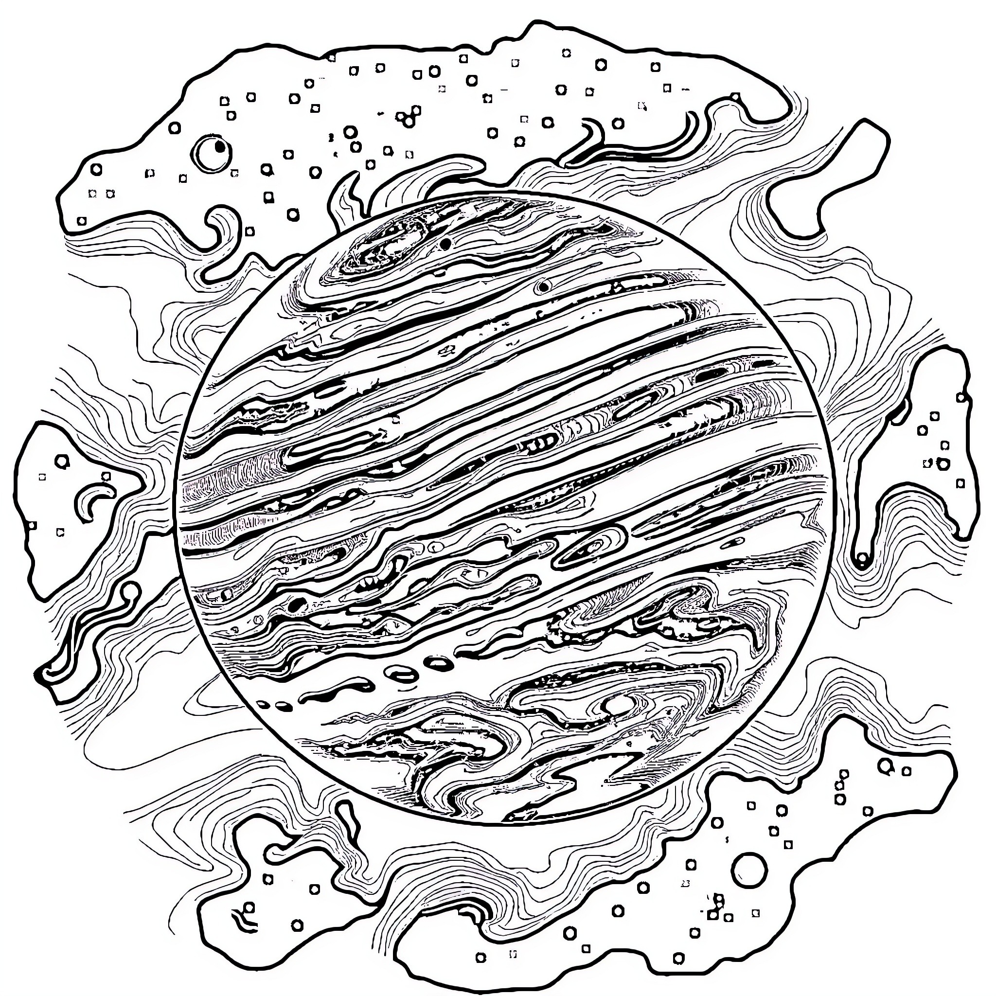 Jupiter's Vibrant Cosmic Landscape Coloring Page (free black-and-white line drawing printable PDF for all, from beginners to advanced learners, including children, teens, adults, and seniors)