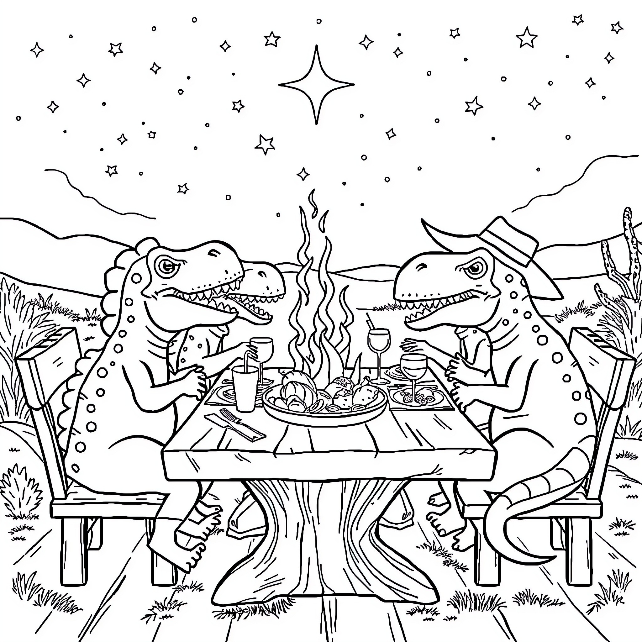 Dino Stargazers Enjoying a Campfire Feast Coloring Page (free black-and-white line drawing printable PDF for all, from beginners to advanced learners, including children, teens, adults, and seniors)