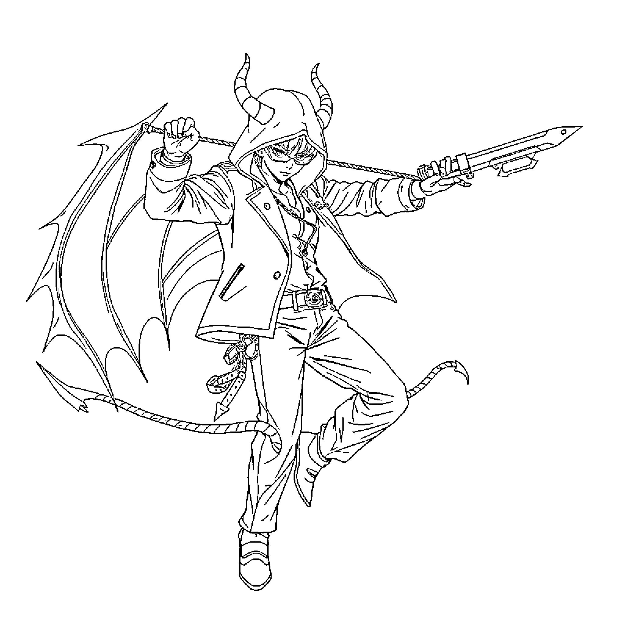 Kpop Demon Hunter in Action with Weapon Coloring Page (free black-and-white line drawing printable PDF for all, from beginners to advanced learners, including children, teens, adults, and seniors)