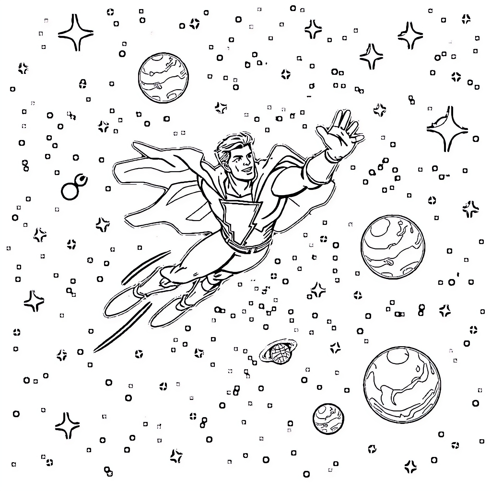 Shazam soaring through cosmic space Coloring Page (free black-and-white line drawing printable PDF for all, from beginners to advanced learners, including children, teens, adults, and seniors)