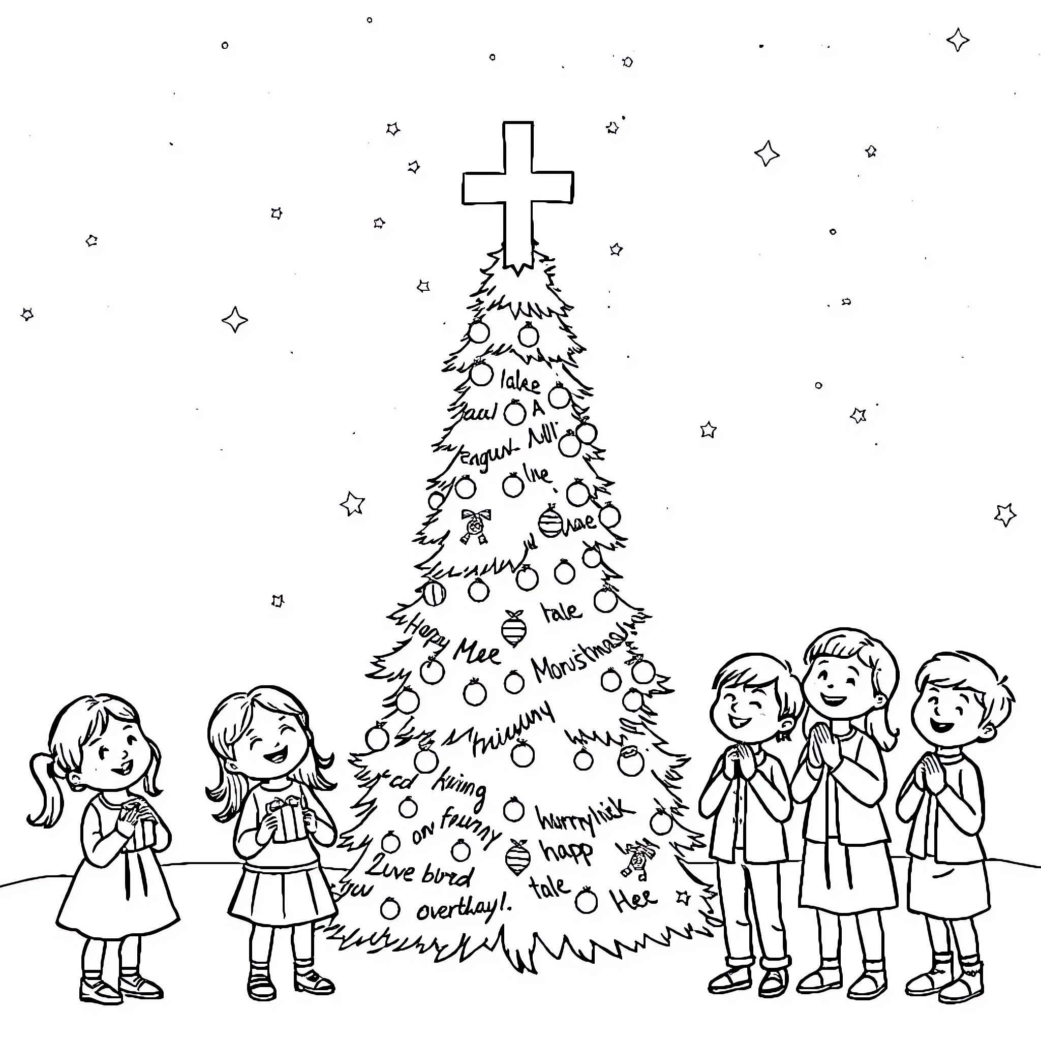Child Admiring Christmas Tree with Friends Coloring Page (free black-and-white line drawing printable PDF for all, from beginners to advanced learners, including children, teens, adults, and seniors)