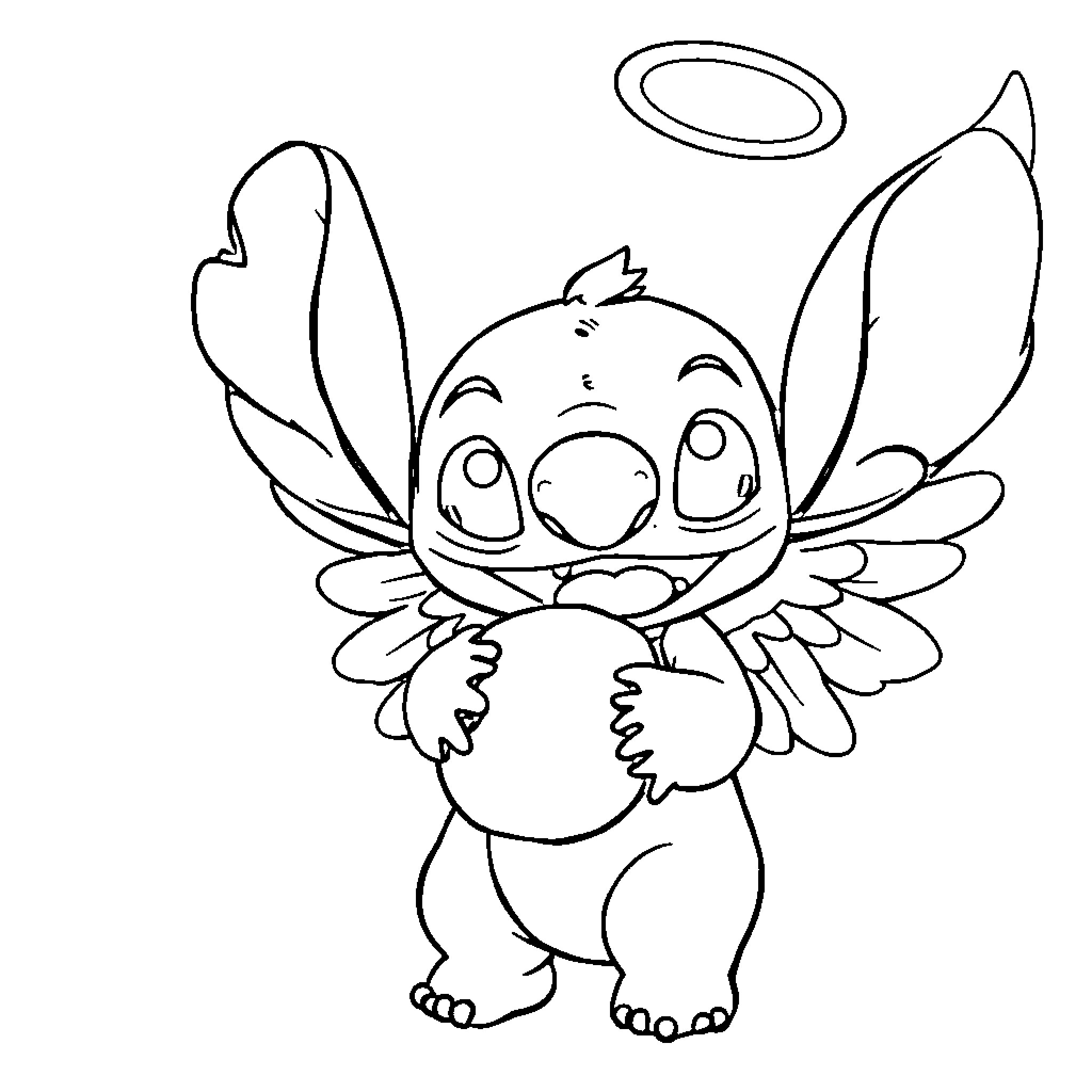 Angel Stitch Hugging a Heart Coloring Page (free black-and-white line drawing printable PDF for all, from beginners to advanced learners, including children, teens, adults, and seniors)