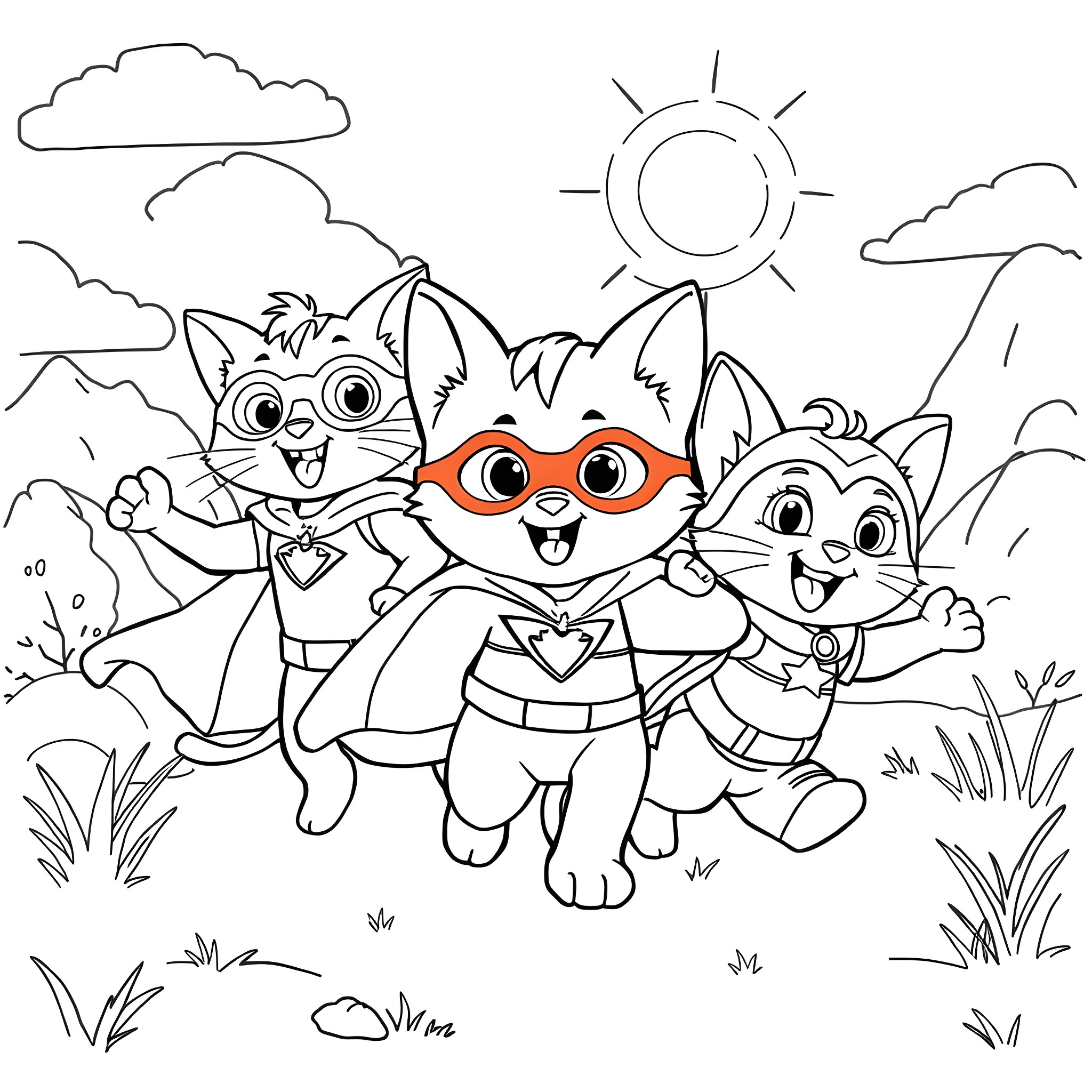 Kitty superheroes flying in nature Coloring Page (free black-and-white line drawing printable PDF for all, from beginners to advanced learners, including children, teens, adults, and seniors)