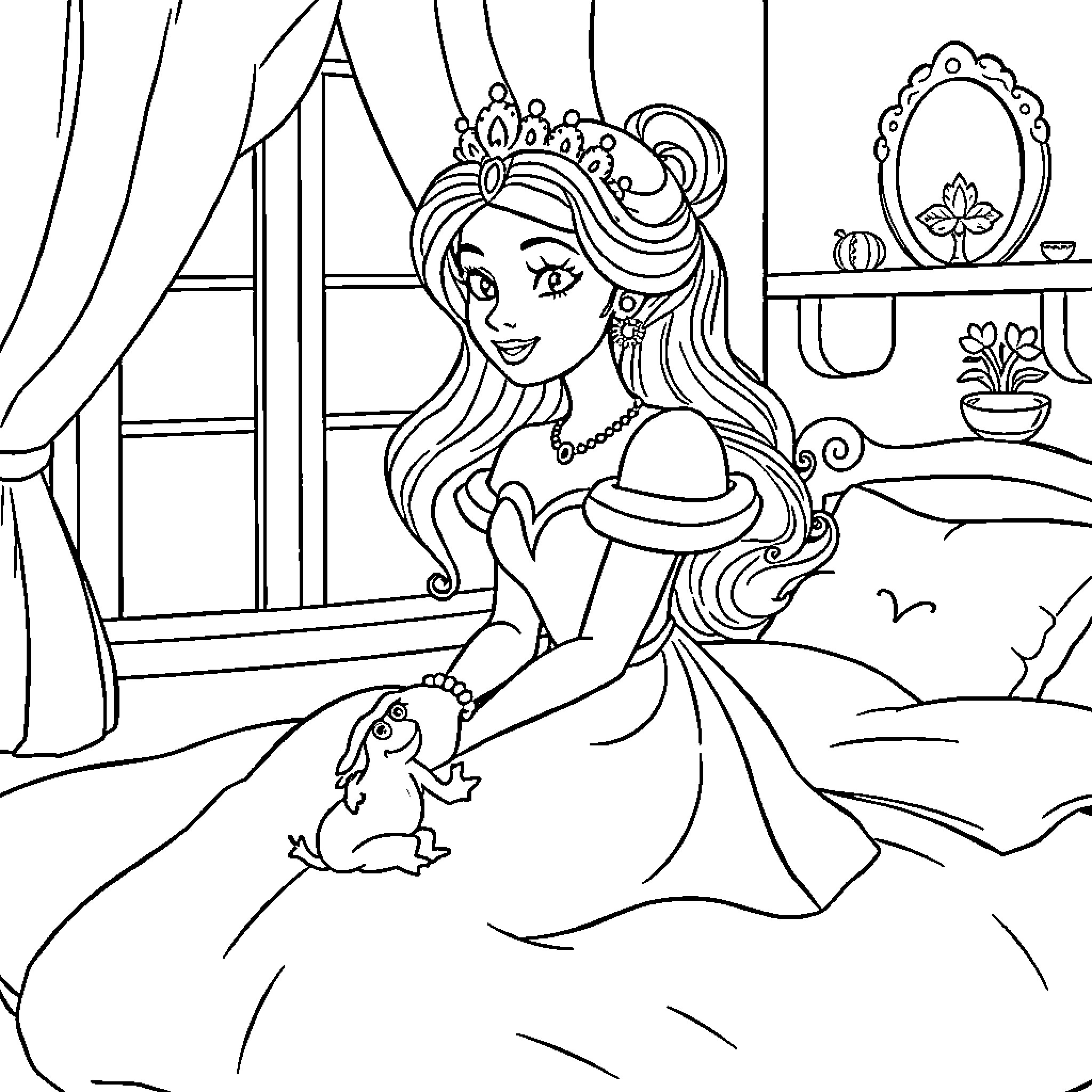 Princess enjoying tea time with her pet Coloring Page (free black-and-white line drawing printable PDF for all, from beginners to advanced learners, including children, teens, adults, and seniors)