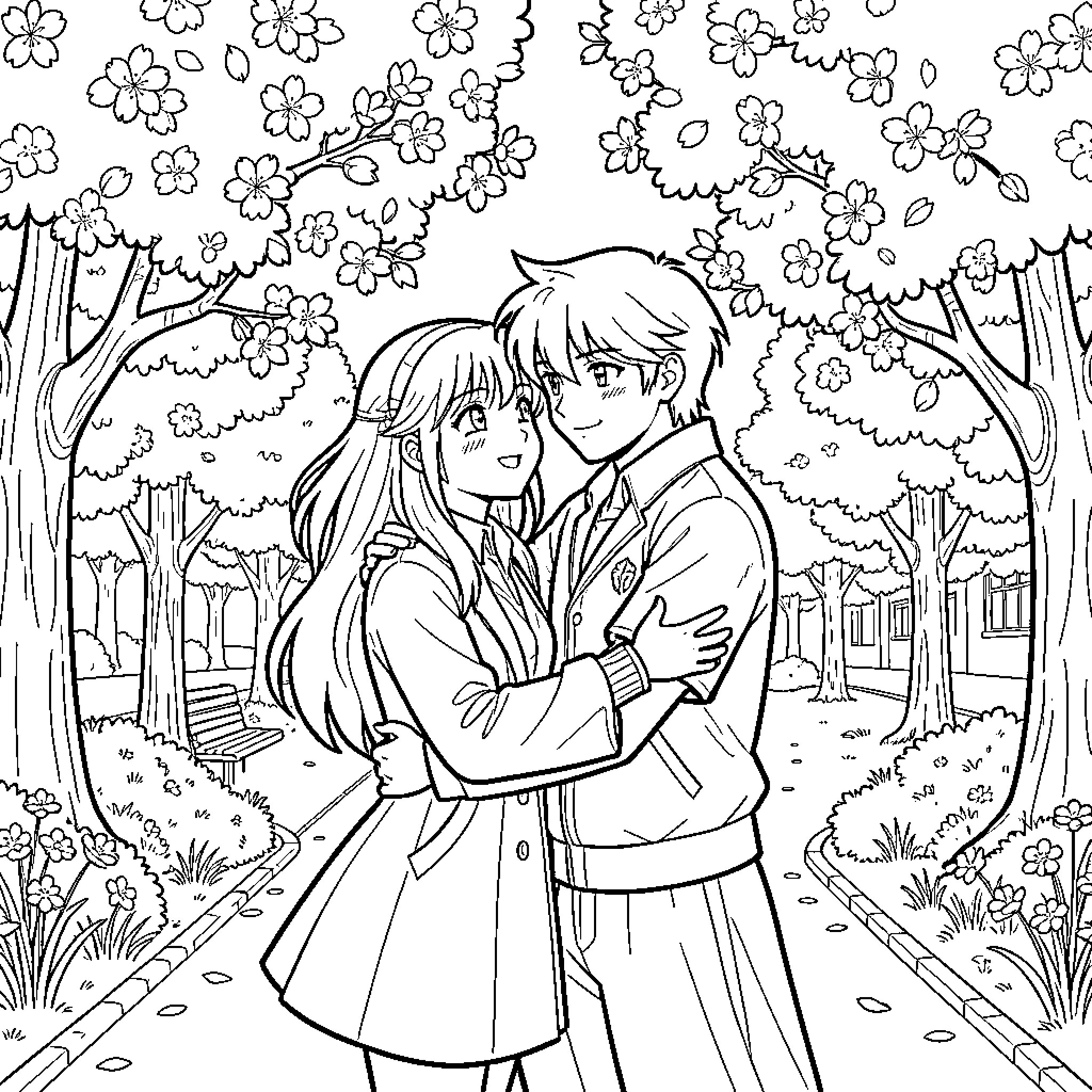 Sakura Blossoms Embrace: A Couple's Tender Moment Coloring Page (free black-and-white line drawing printable PDF for all, from beginners to advanced learners, including children, teens, adults, and seniors)