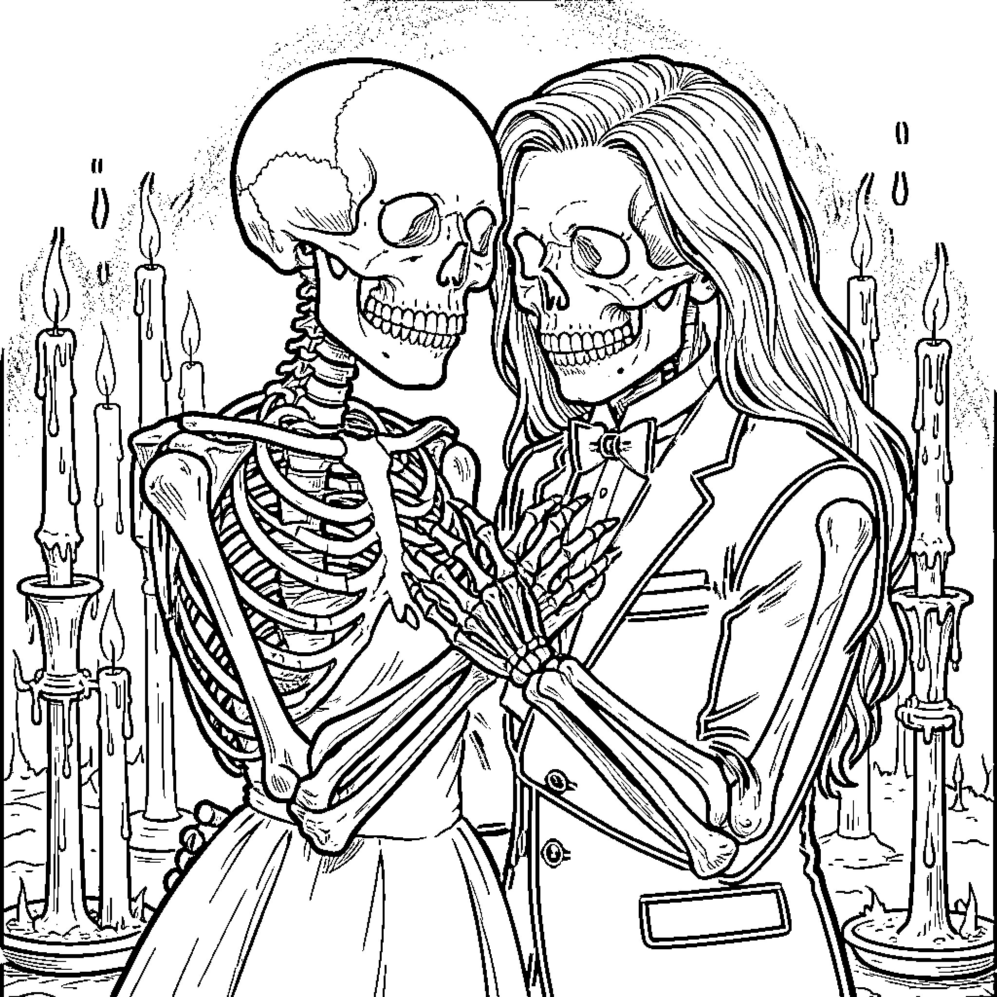 Skeleton couple embracing in formal attire Coloring Page (free black-and-white line drawing printable PDF for all, from beginners to advanced learners, including children, teens, adults, and seniors)