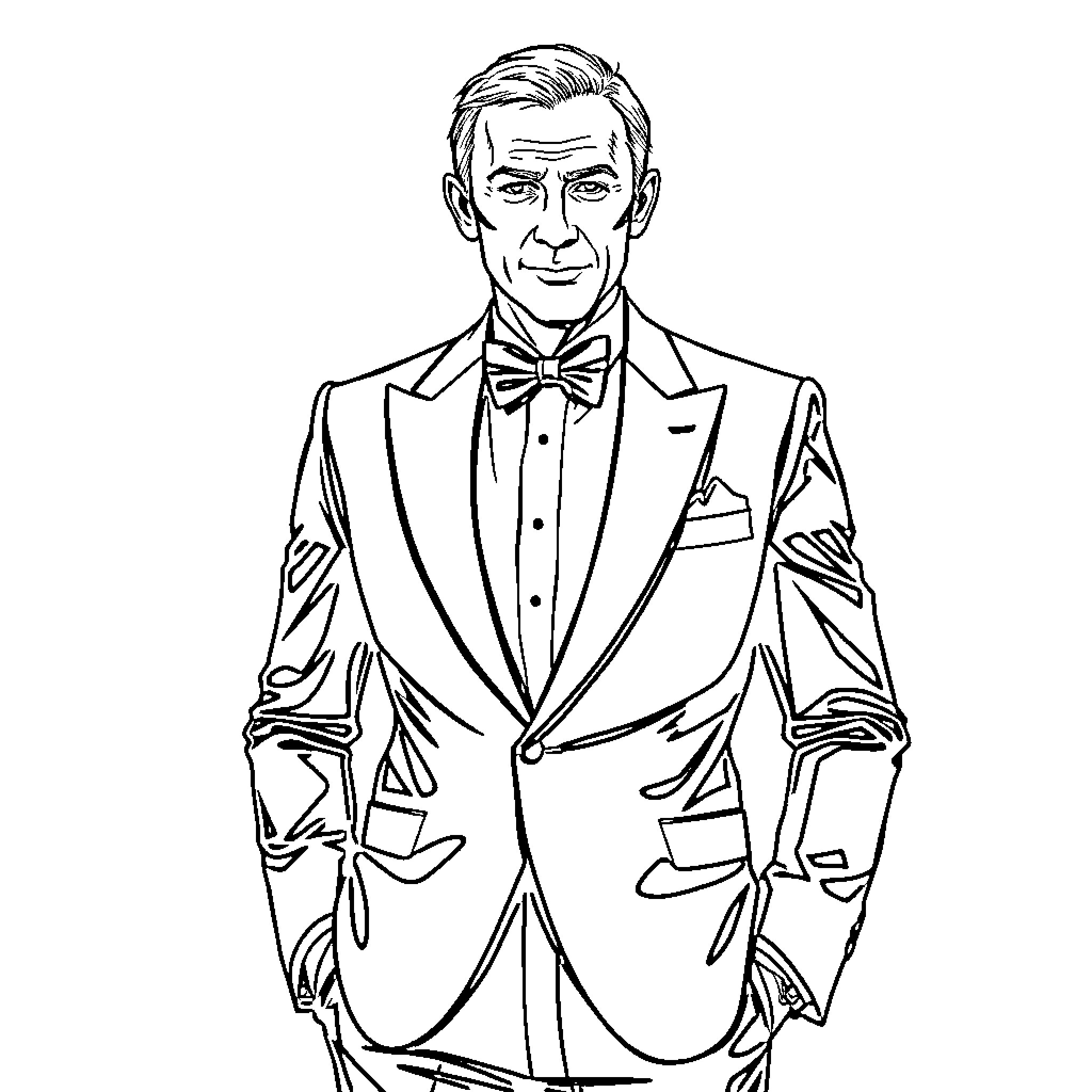 James Bond in Formal Attire and Confident Pose Coloring Page (free black-and-white line drawing printable PDF for all, from beginners to advanced learners, including children, teens, adults, and seniors)