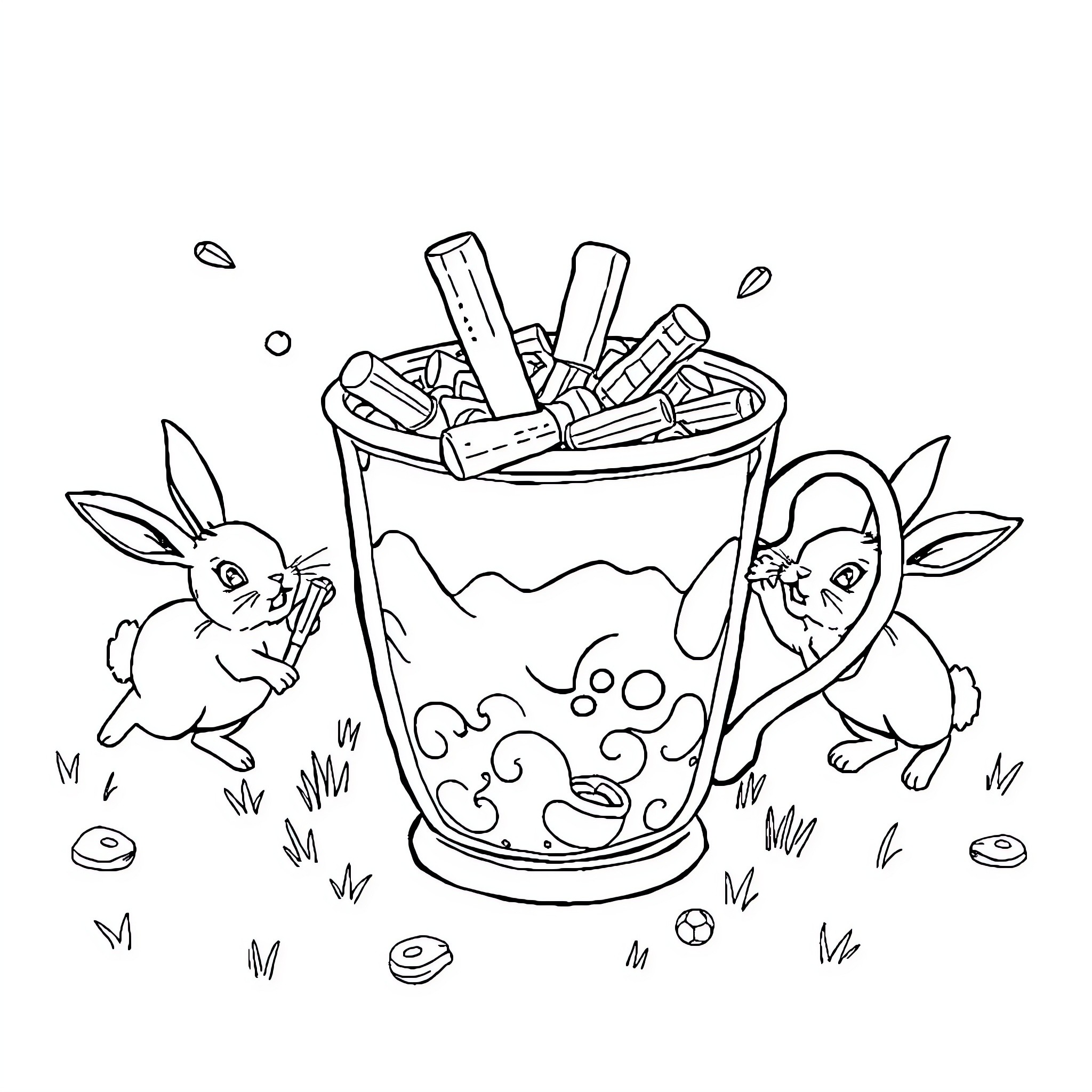 Tasse filled with delicious treats, surrounded by curious bunnies Coloring Page (free black-and-white line drawing printable PDF for all, from beginners to advanced learners, including children, teens, adults, and seniors)