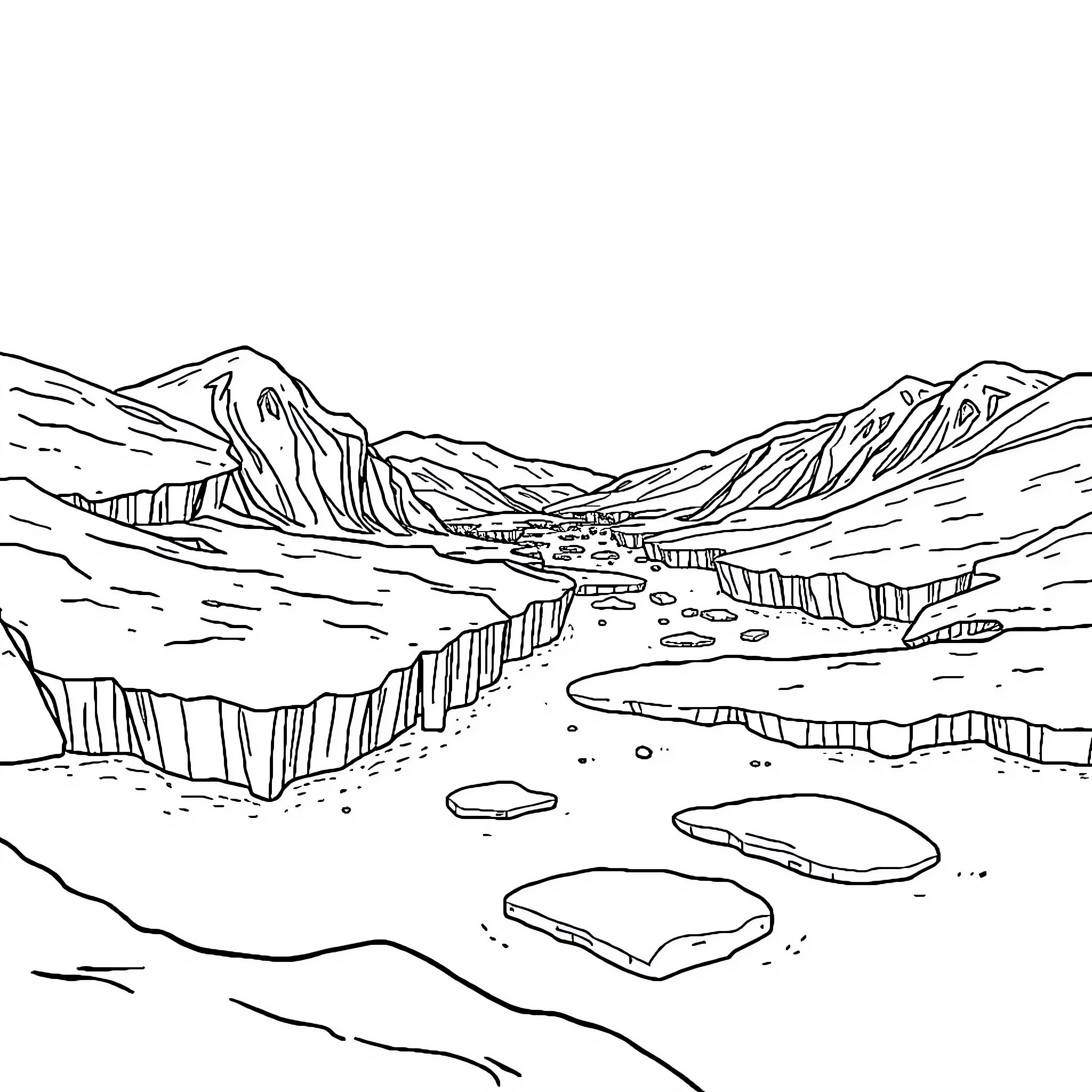 Frozen landscape with mountains and icy terrain Coloring Page (free black-and-white line drawing printable PDF for all, from beginners to advanced learners, including children, teens, adults, and seniors)