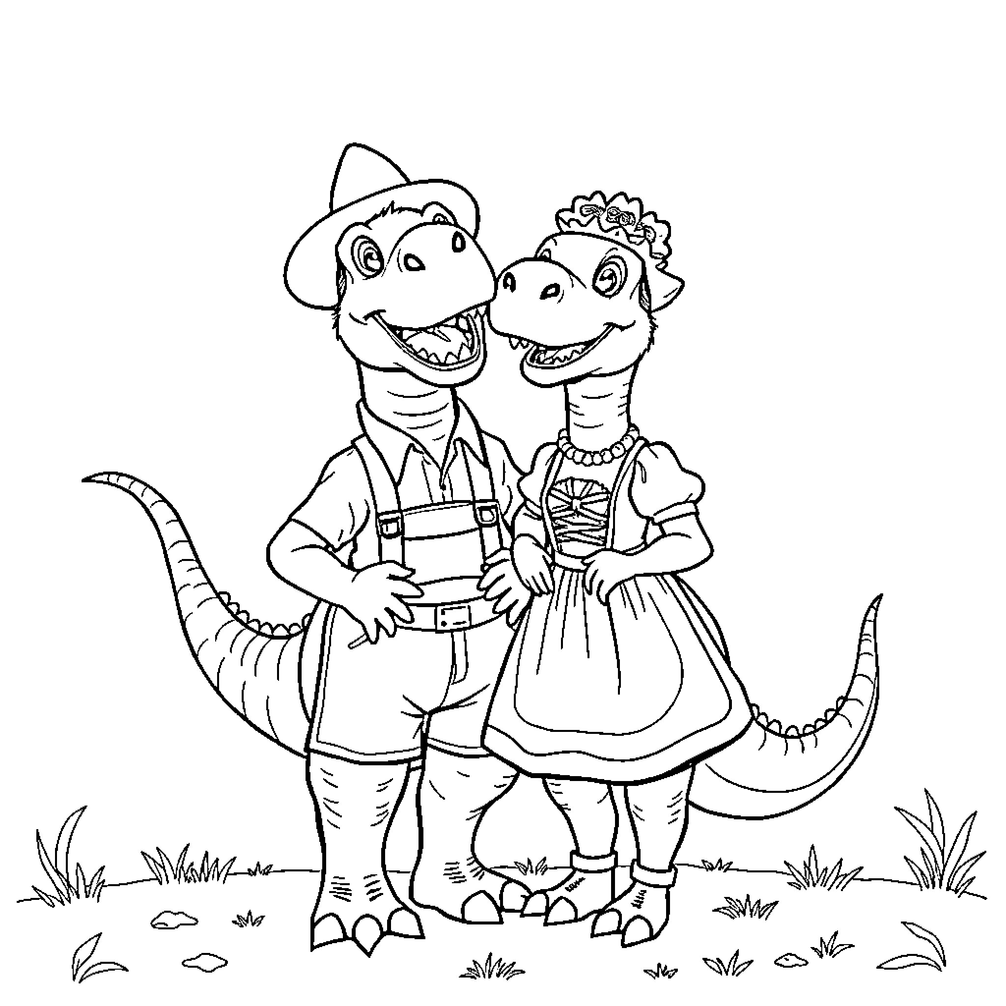 Dinosaur couple in traditional outfits Coloring Page (free black-and-white line drawing printable PDF for all, from beginners to advanced learners, including children, teens, adults, and seniors)