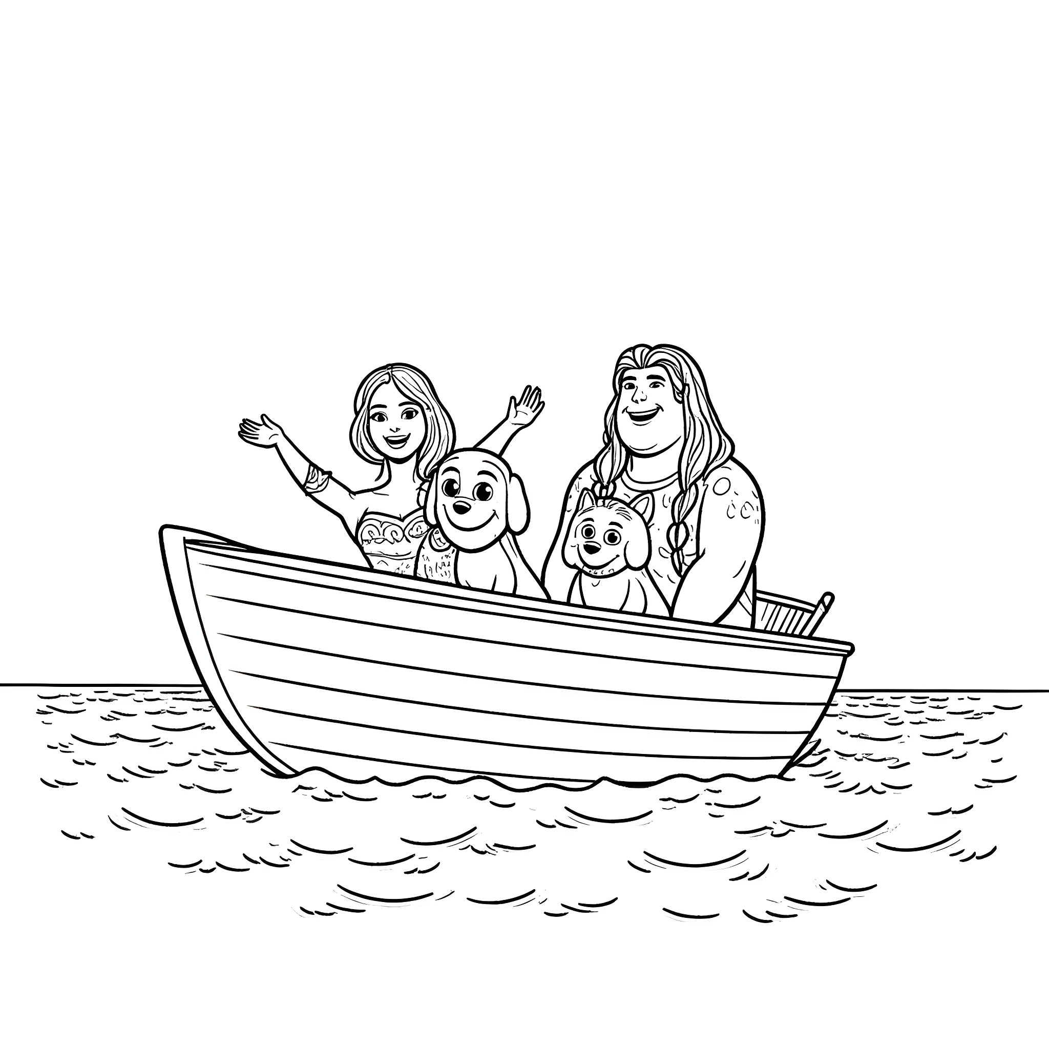 Moana and her family sailing on a boat Coloring Page (free black-and-white line drawing printable PDF for all, from beginners to advanced learners, including children, teens, adults, and seniors)