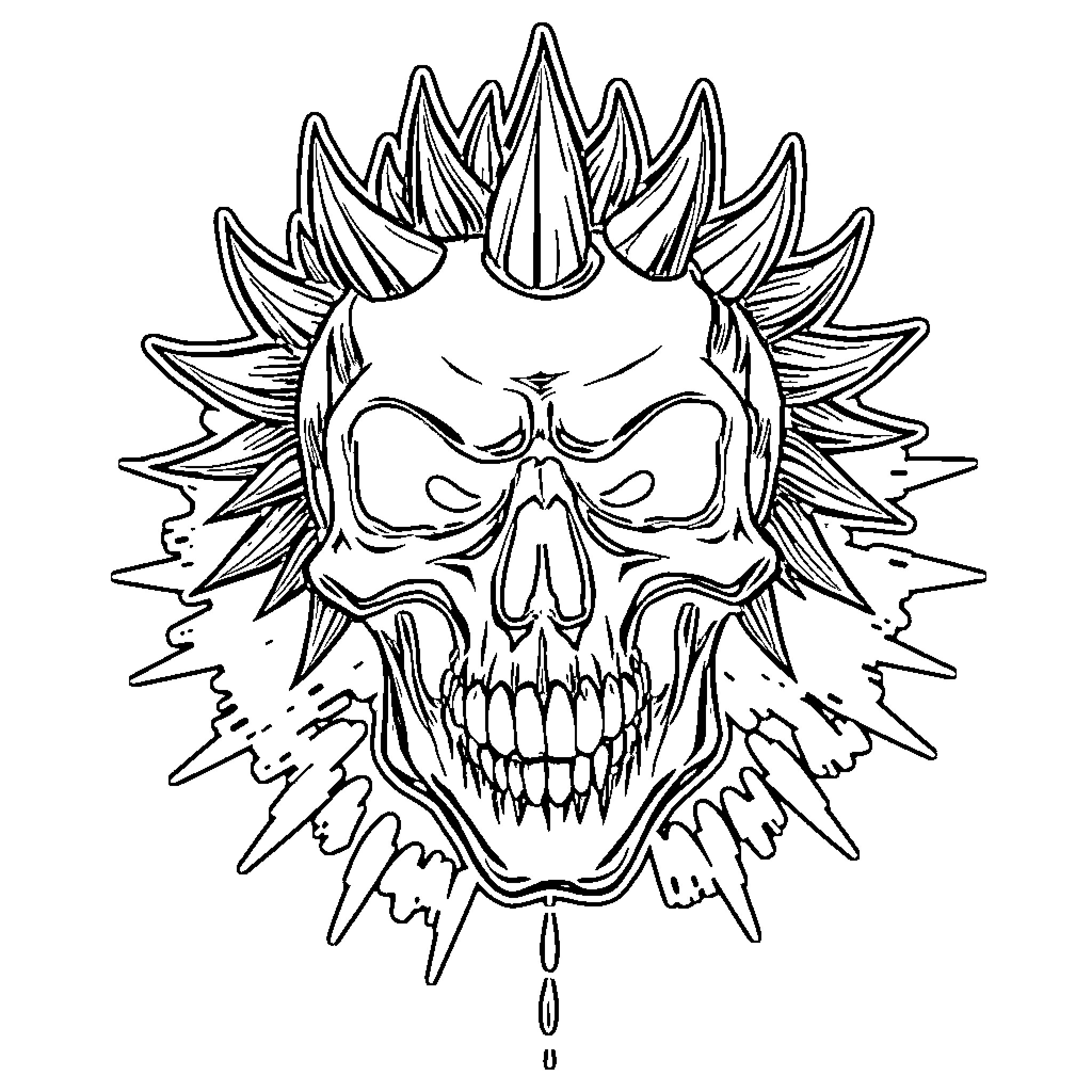 Skull with Spiked Crown and Menacing Expression Coloring Page (free black-and-white line drawing printable PDF for all, from beginners to advanced learners, including children, teens, adults, and seniors)