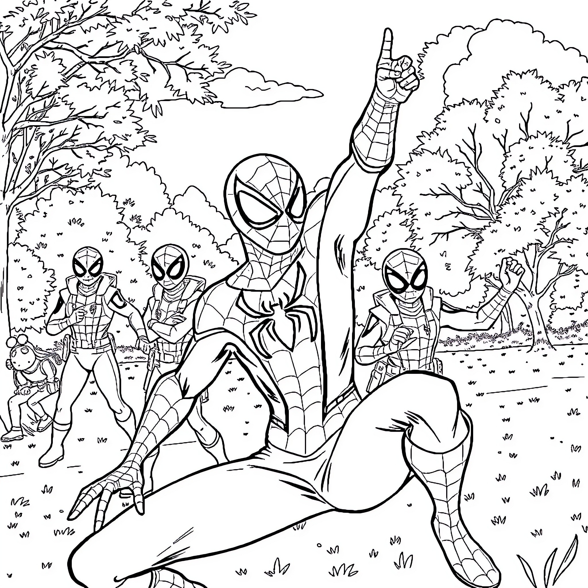 Spiderman and his friends in an adventurous forest setting Coloring Page (free black-and-white line drawing printable PDF for all, from beginners to advanced learners, including children, teens, adults, and seniors)