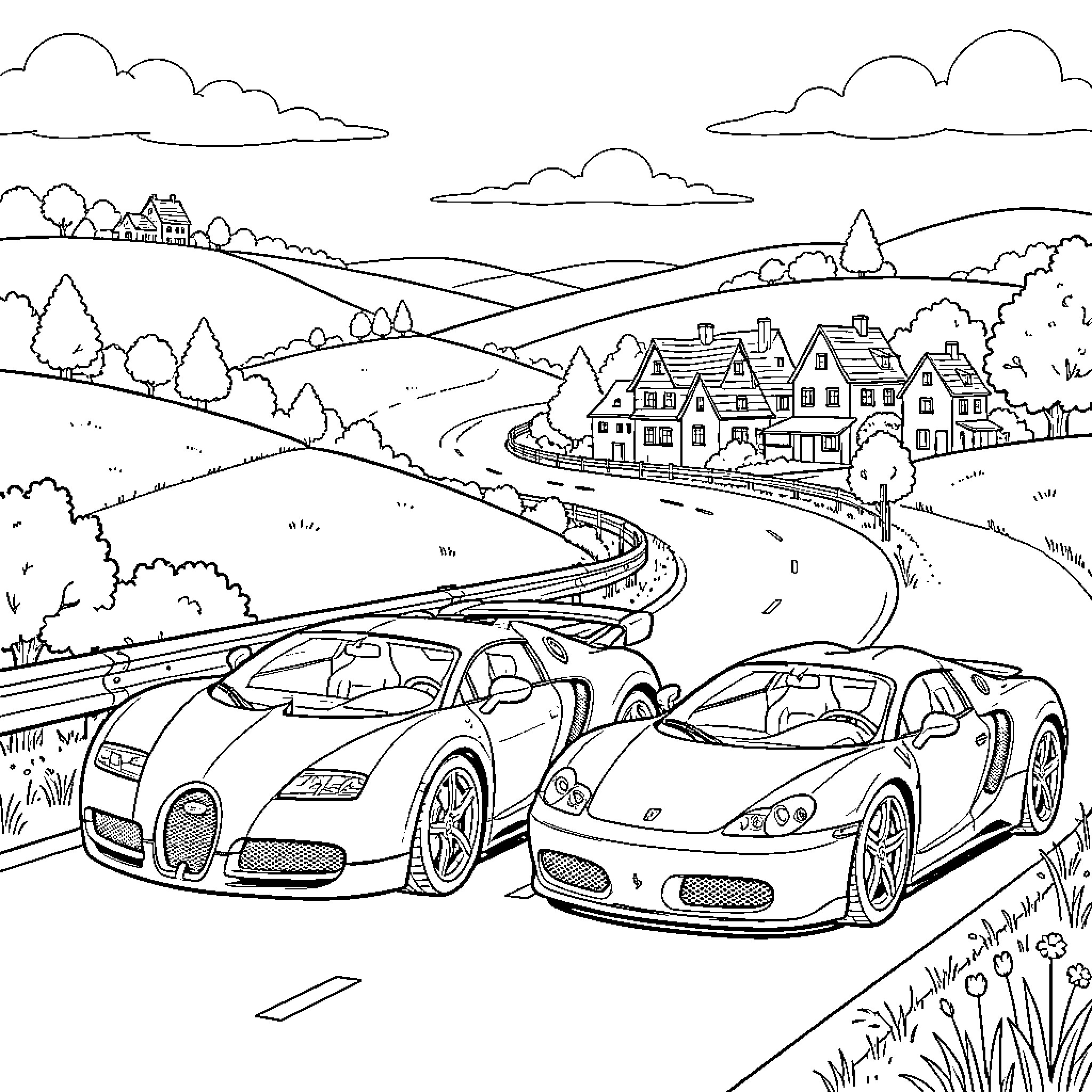 Car driving fast along a winding scenic road Coloring Page (free black-and-white line drawing printable PDF for all, from beginners to advanced learners, including children, teens, adults, and seniors)